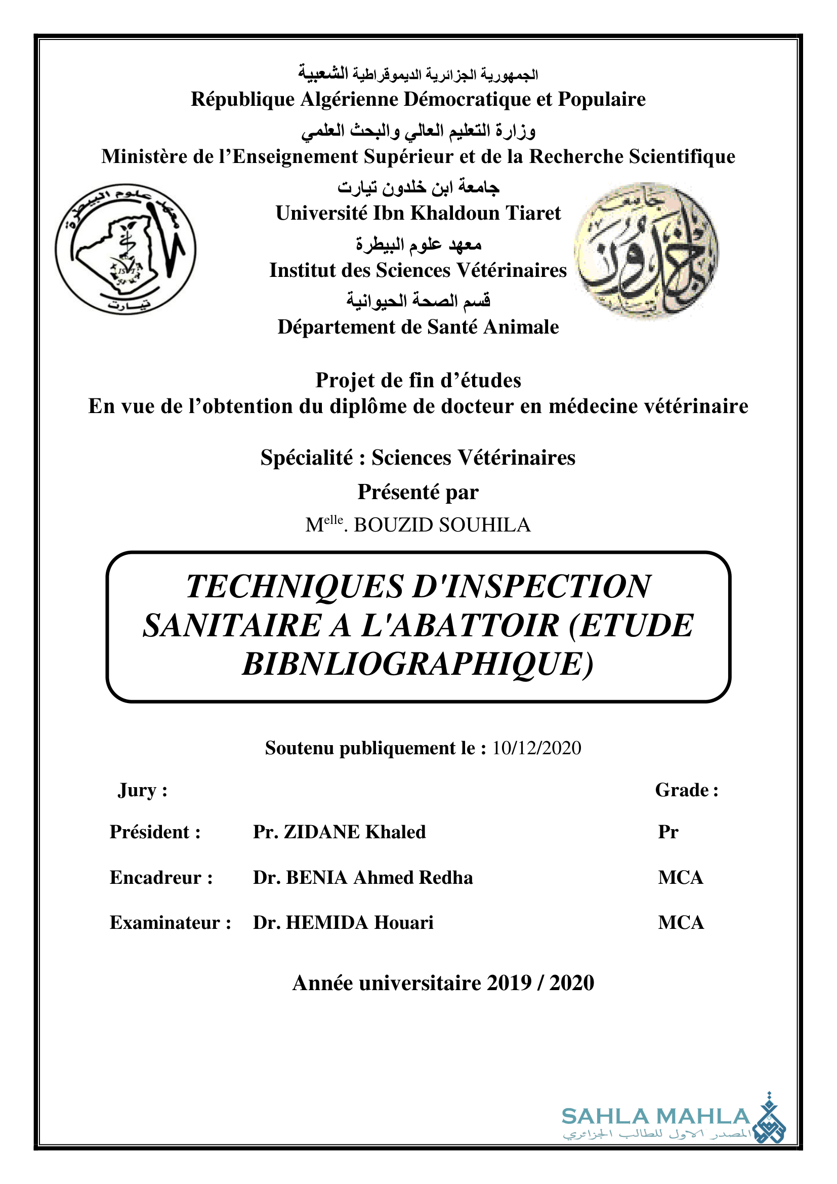 TECHNIQUES D'INSPECTION SANITAIRE A L'ABATTOIR (ETUDE BIBNLIOGRAPHIQUE)