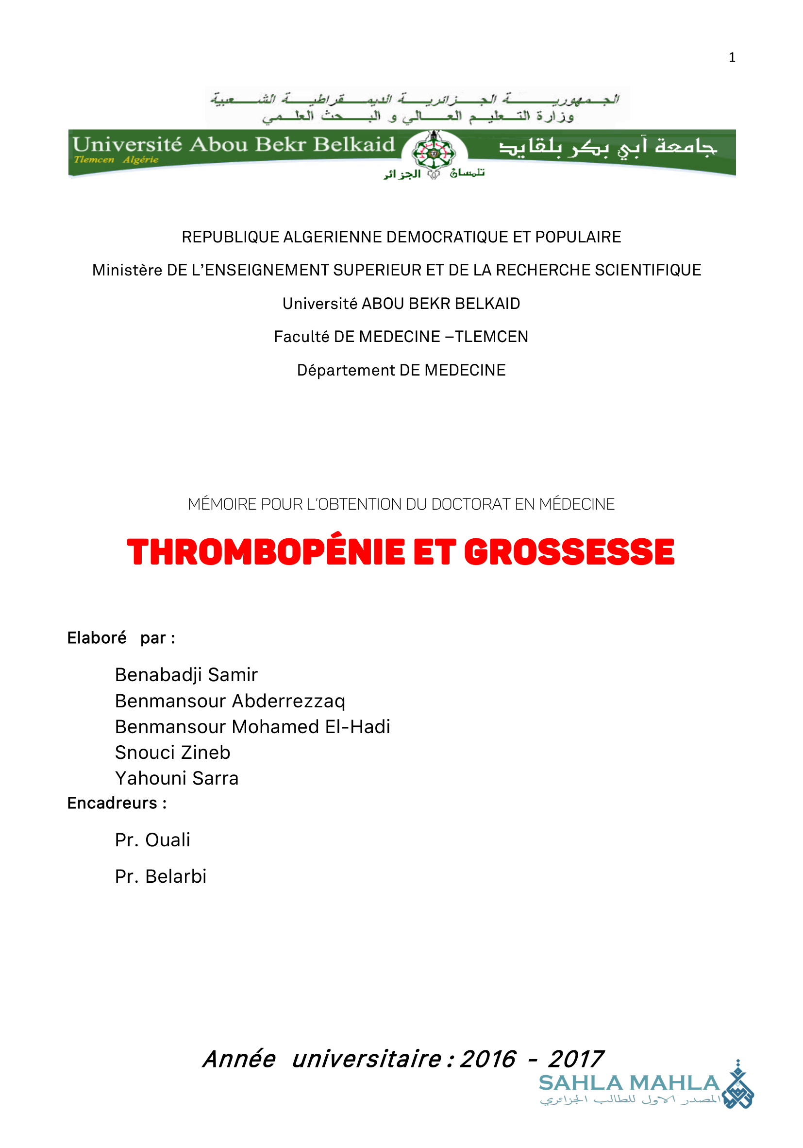 THROMBOPÉNIE ET GROSSESSE