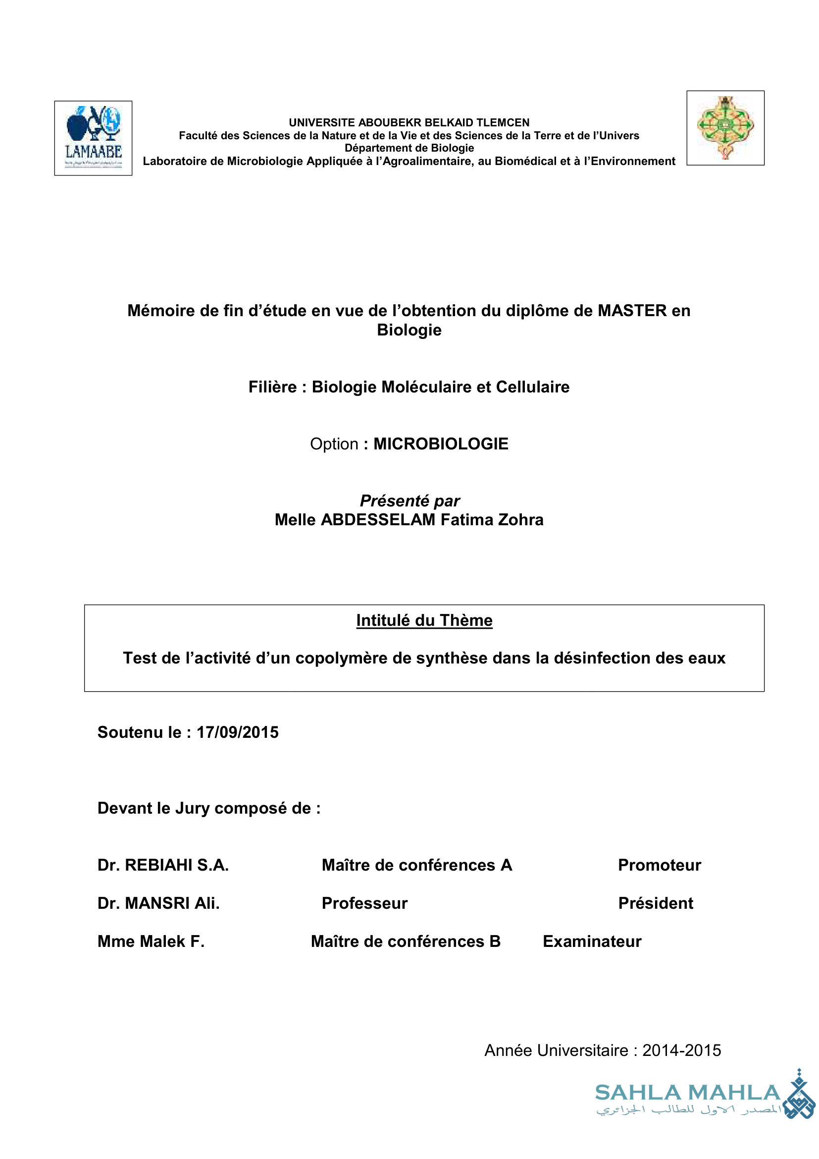 Test de l'activité d'un copolymère de synthèse dans la désinfection des eaux