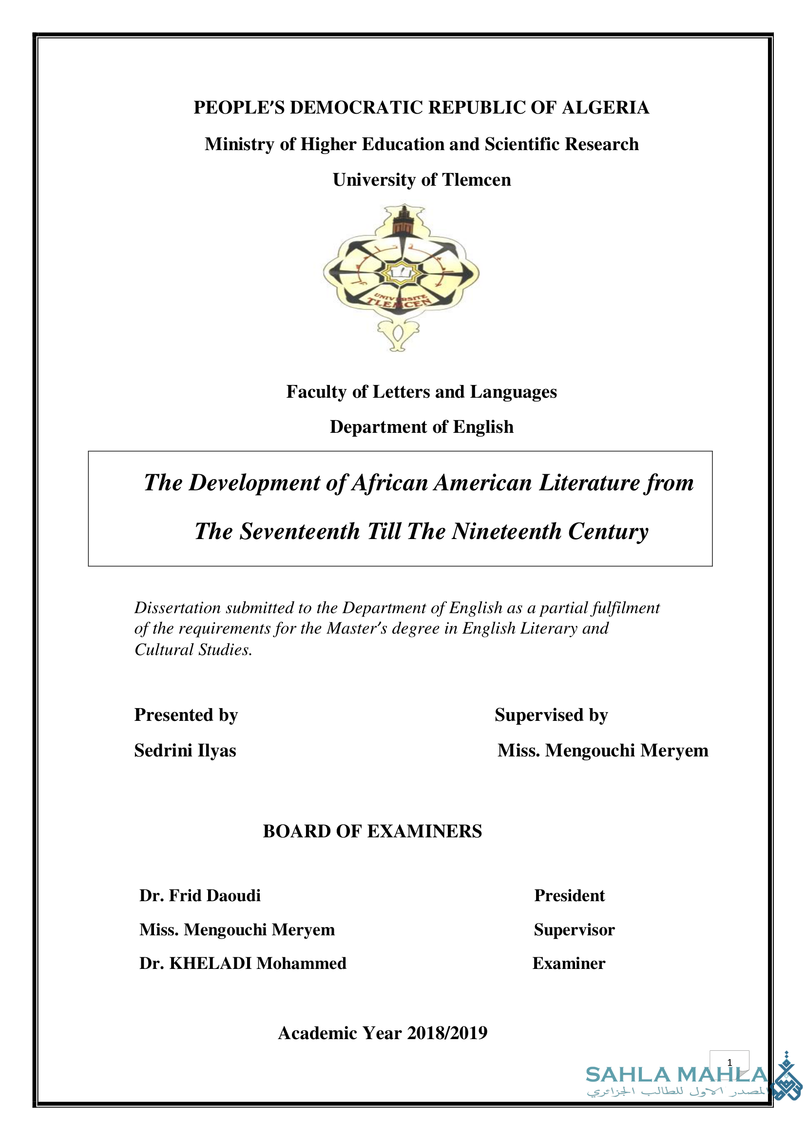 The Development of African American Literature from The Seventeenth Till The Nineteenth Century