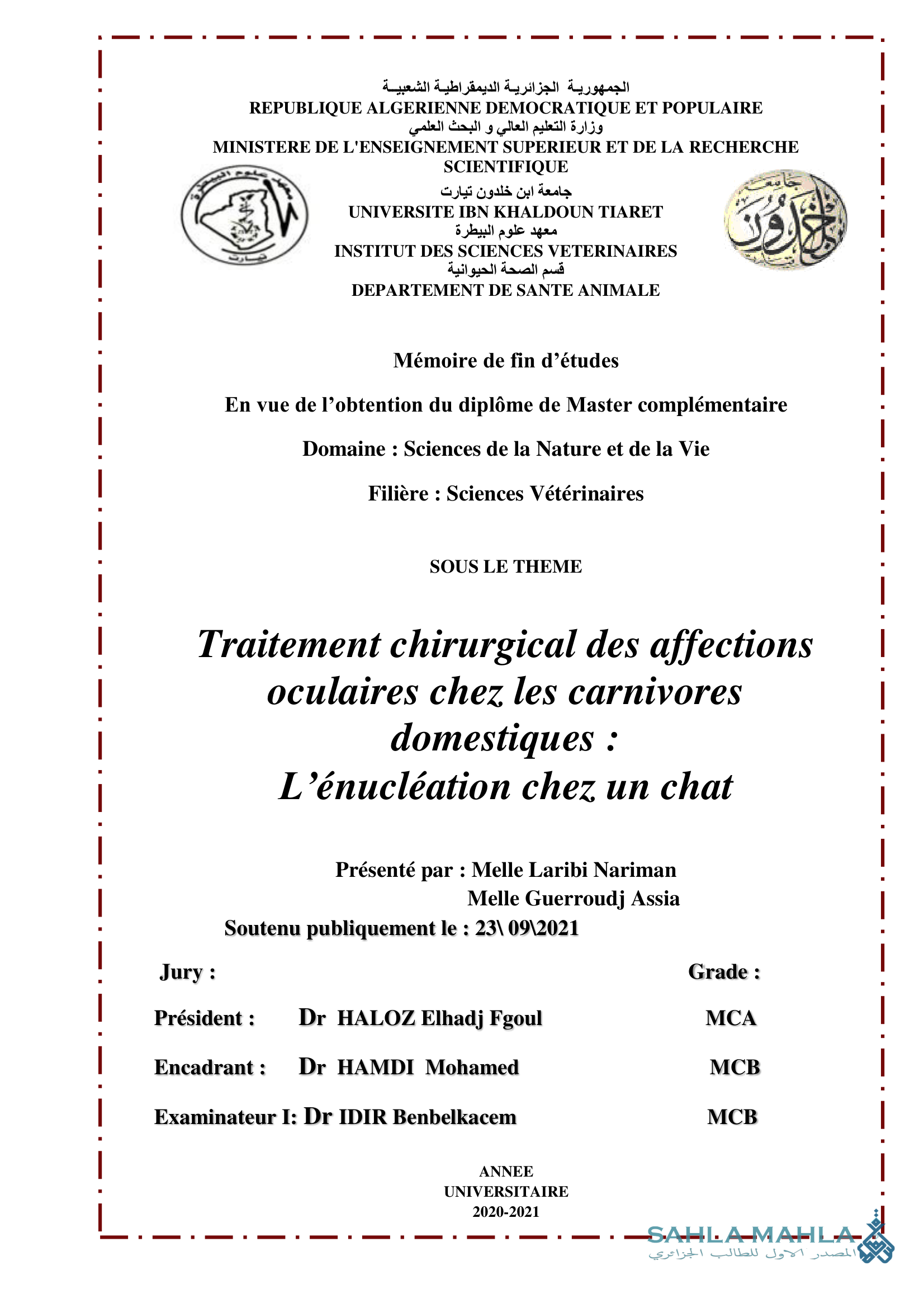 Traitement chirurgical des affections oculaires chez les carnivores domestiques : L'énucléation chez un chat