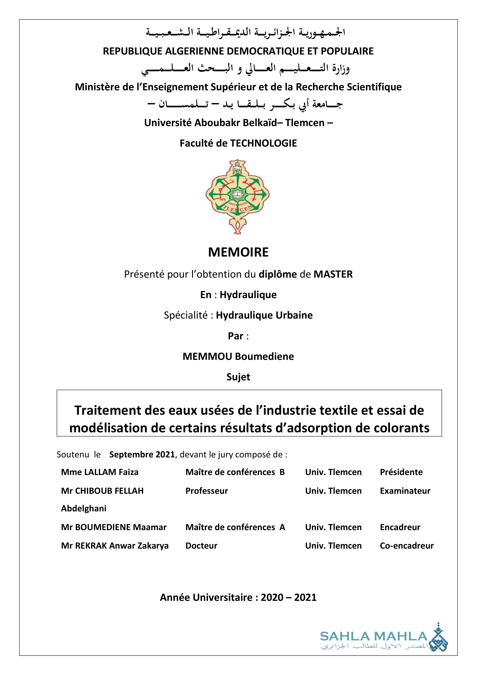 Traitement des eaux usées de l'industrie textile et essai de modélisation de certains résultats d'adsorption de colorants