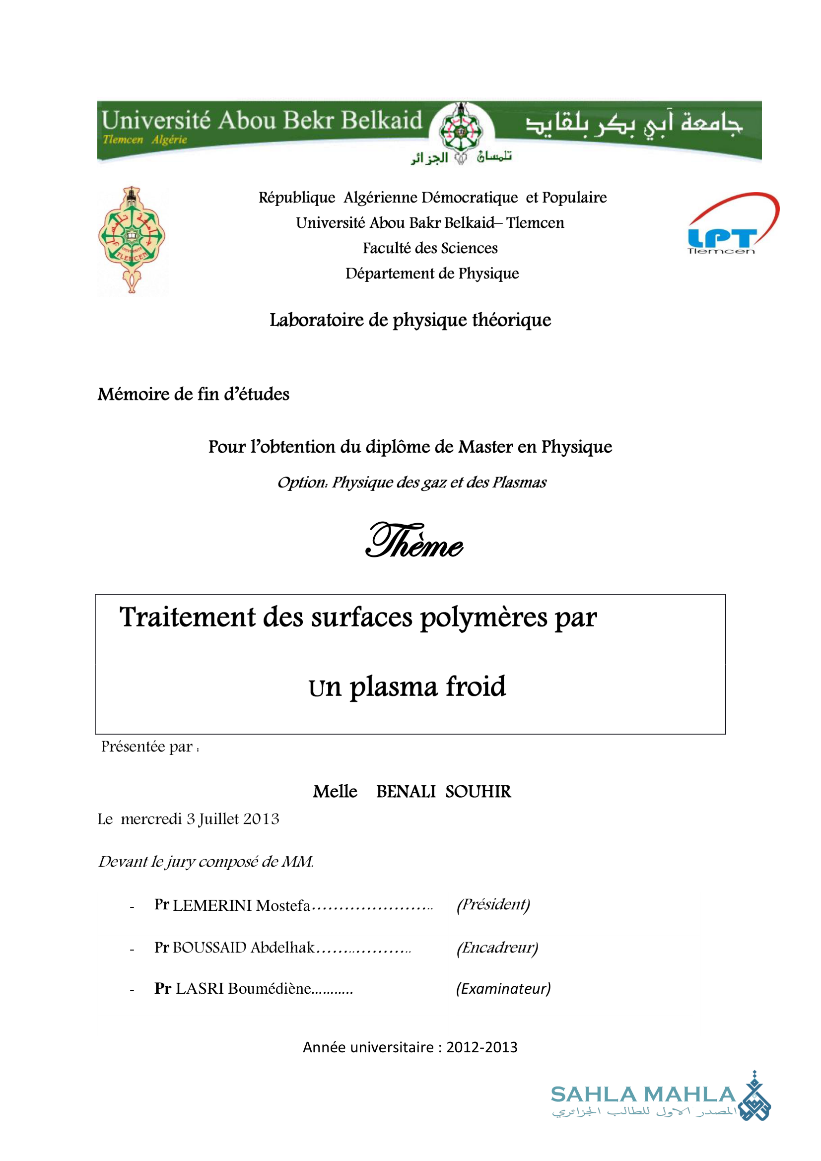 Traitement des surfaces polymères par un plasma froid