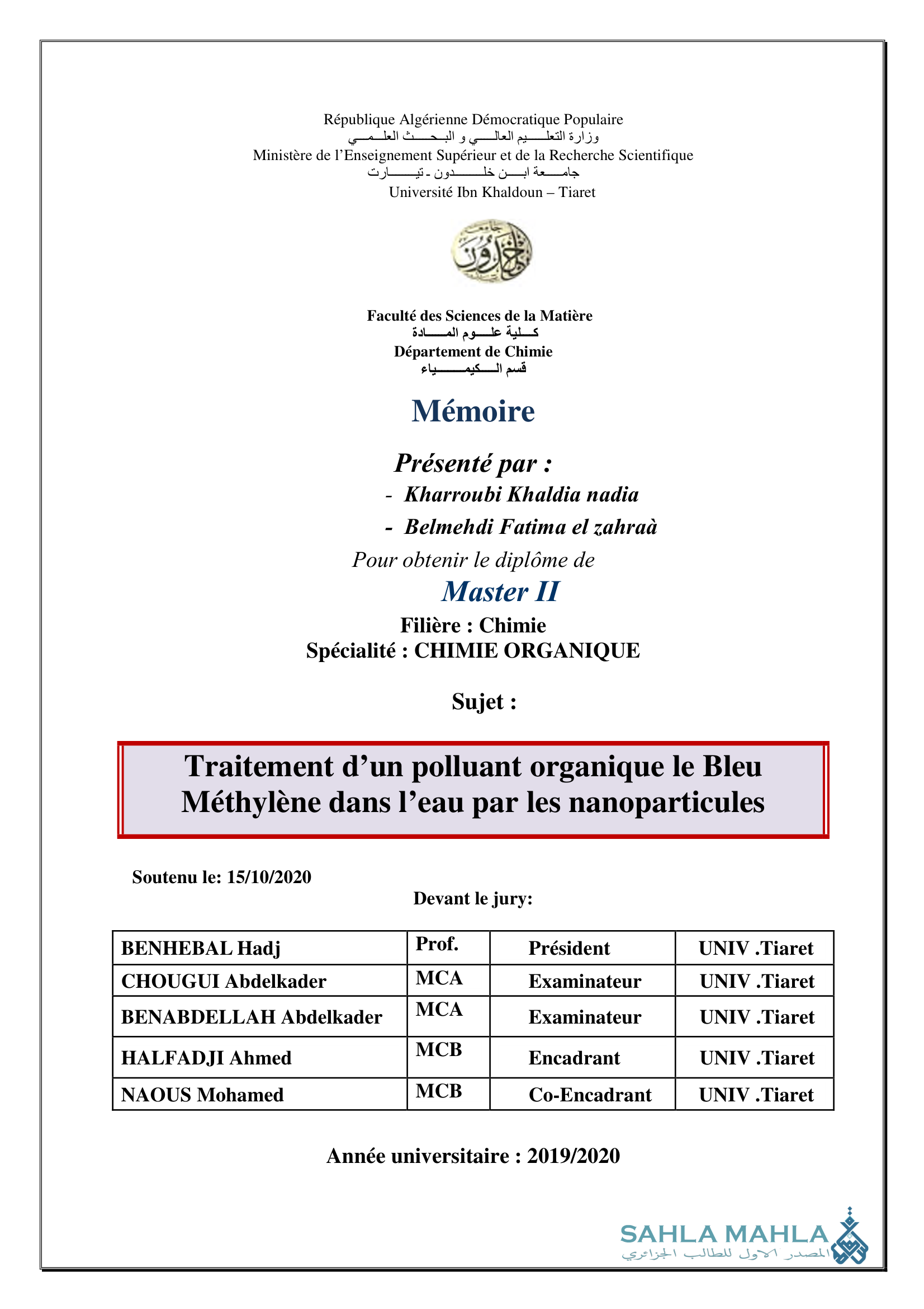 Traitement d'un polluant organique le Bleu Méthylène dans l'eau par les nanoparticules