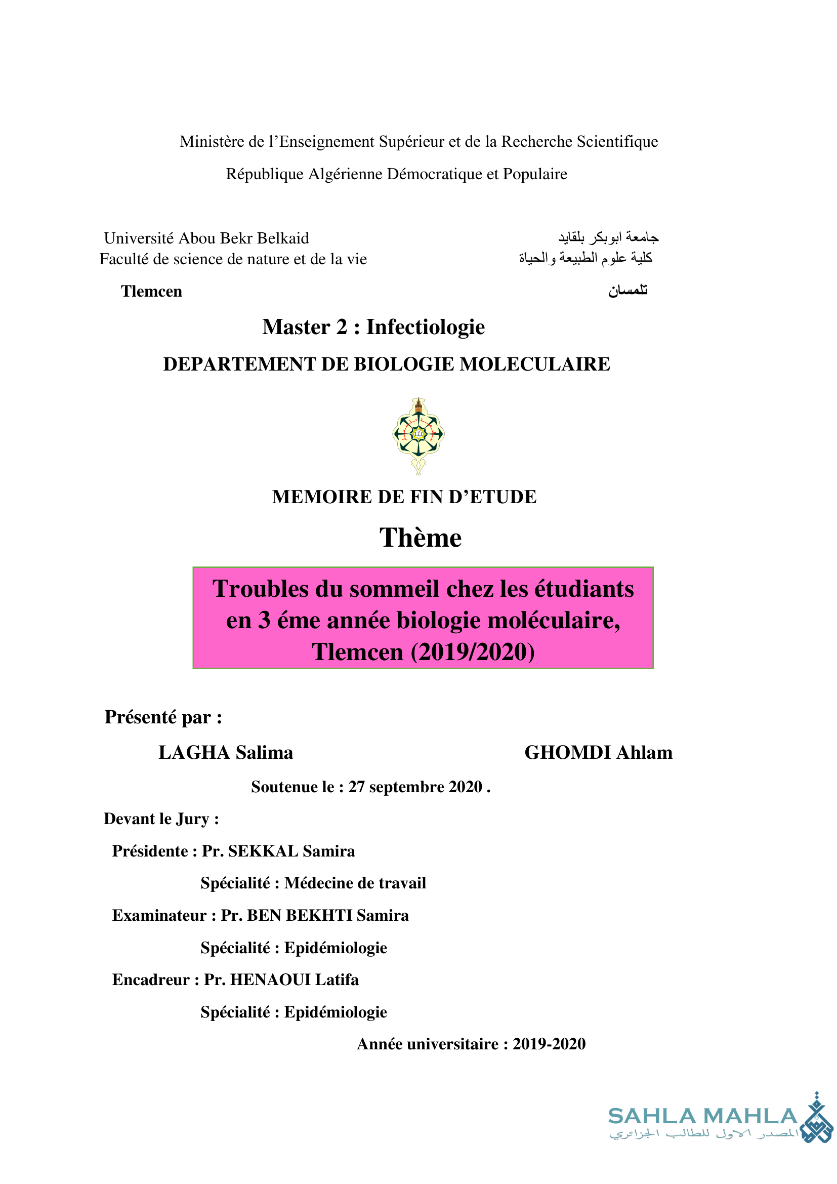 Troubles du sommeil chez les étudiants en 3 éme année biologie moléculaire, Tlemcen (2019/2020)