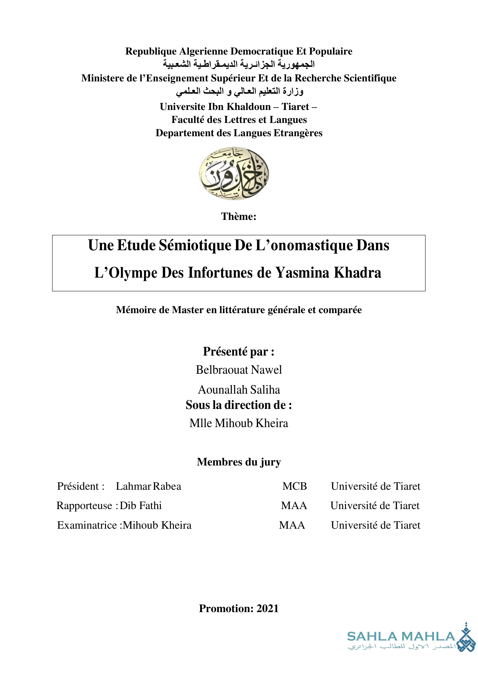 Une Etude Sémiotique De L'onomastique Dans L'Olympe Des Infortunes de Yasmina Khadra