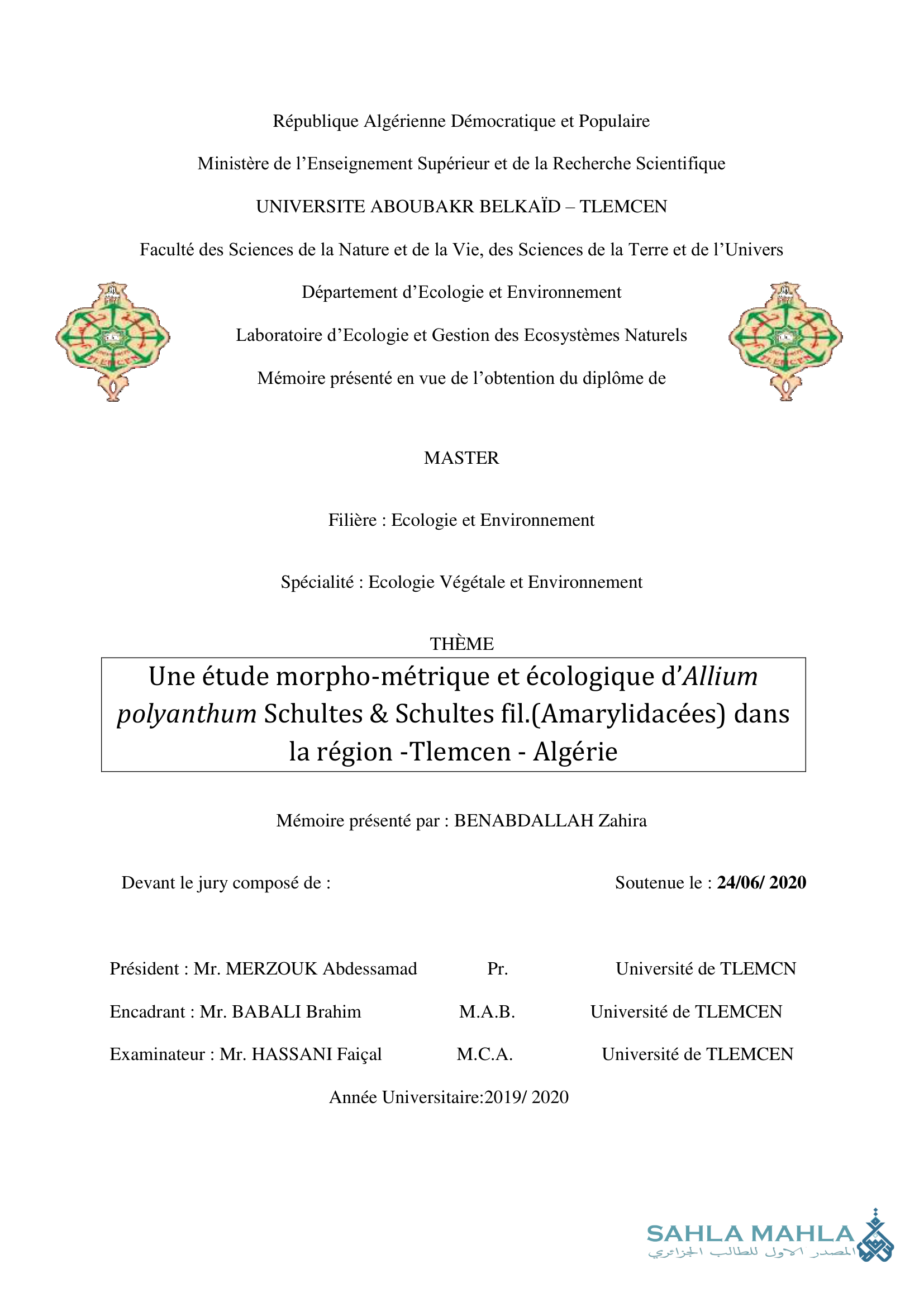 Une étude morpho-métrique et écologique d'Allium polyanthum Schultes & Schultes fil.(Amarylidacées) dans la région -Tlemcen - Algérie