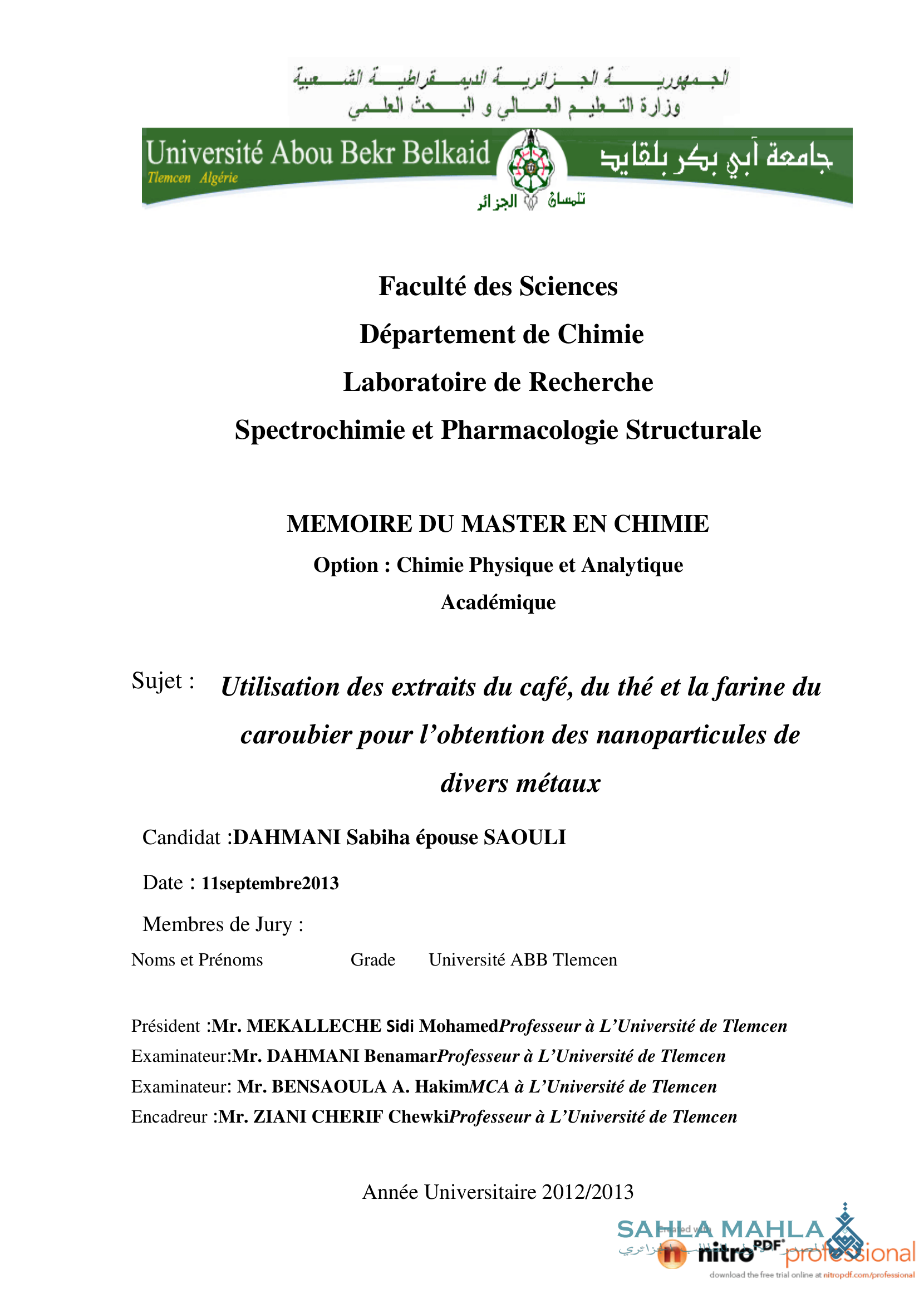 Utilisation des extraits du café, du thé et la farine du caroubier pour l'obtention des nanoparticules de divers métaux