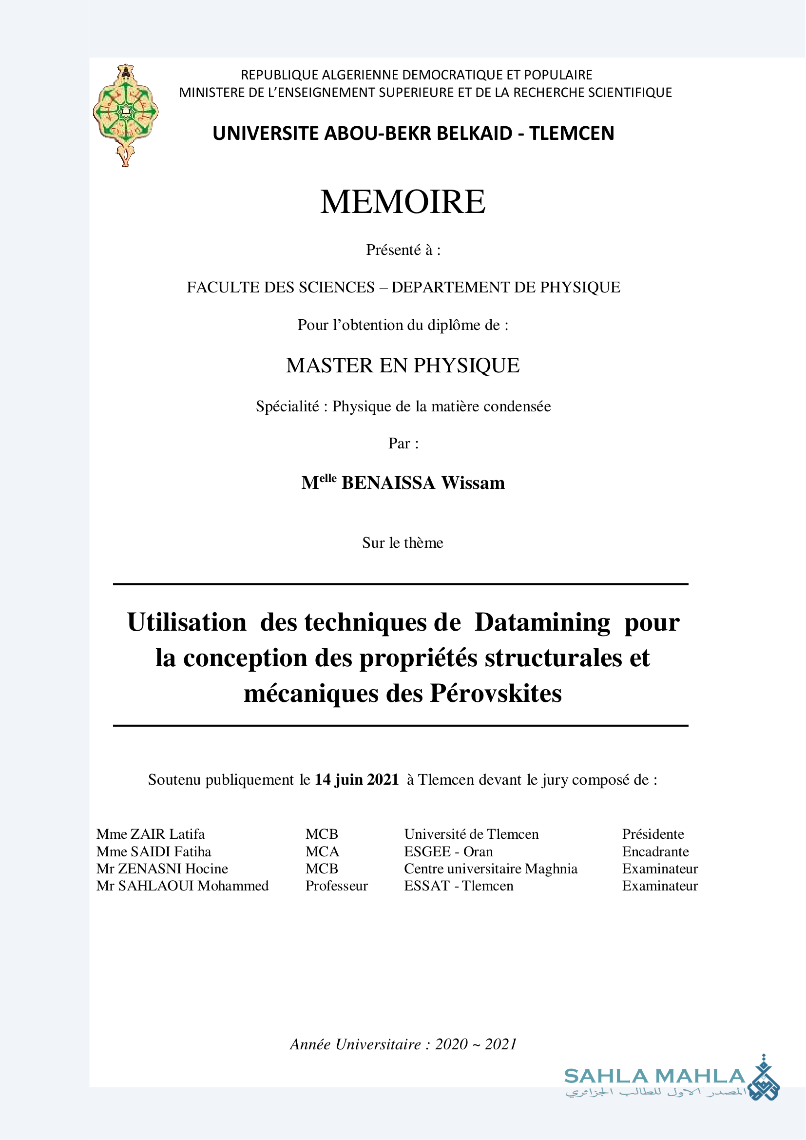 Utilisation des techniques de Datamining pour la conception des propriétés structurales et mécaniques des Pérovskites