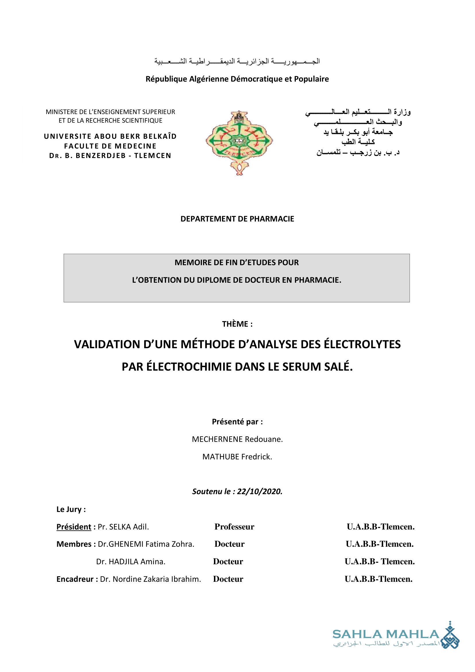 VALIDATION D'UNE MÉTHODE D'ANALYSE DES ÉLECTROLYTES PAR ÉLECTROCHIMIE DANS LE SERUM SALÉ.