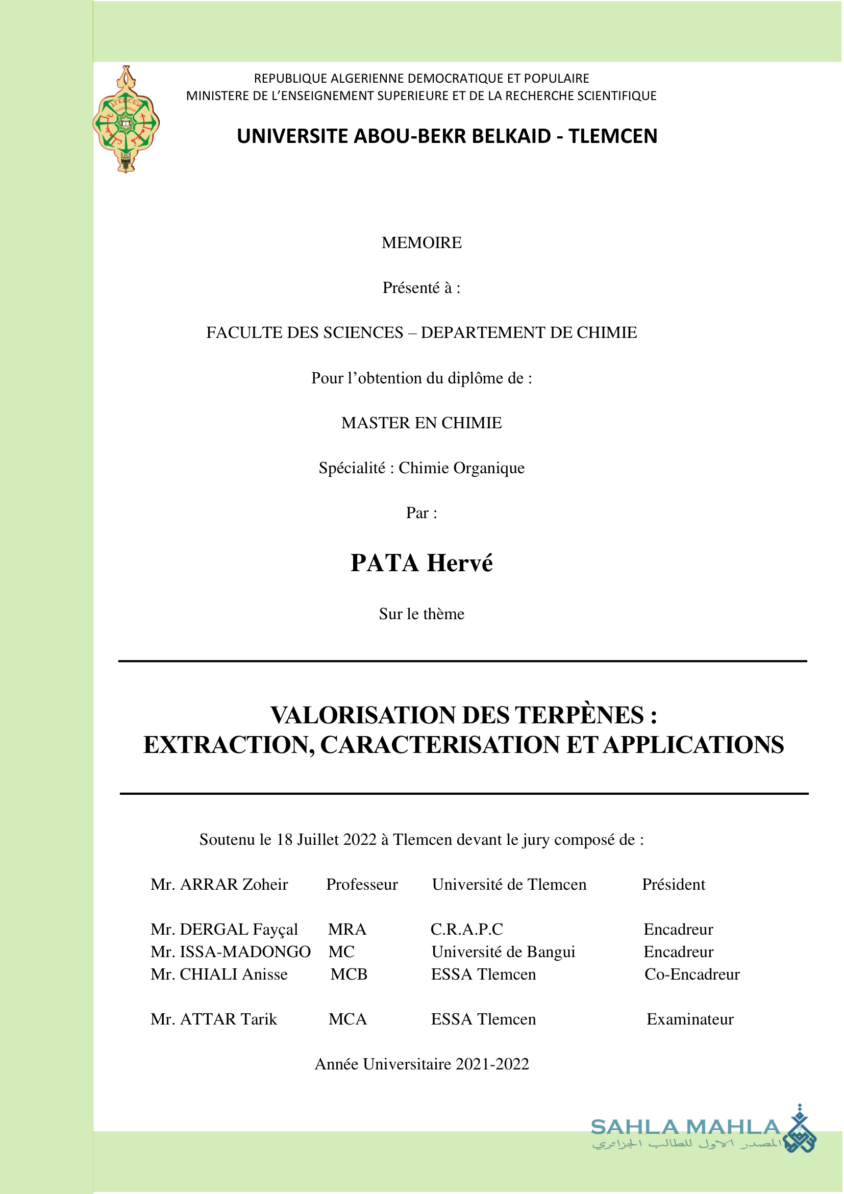 VALORISATION DES TERPÈNES : EXTRACTION, CARACTERISATION ET APPLICATIONS