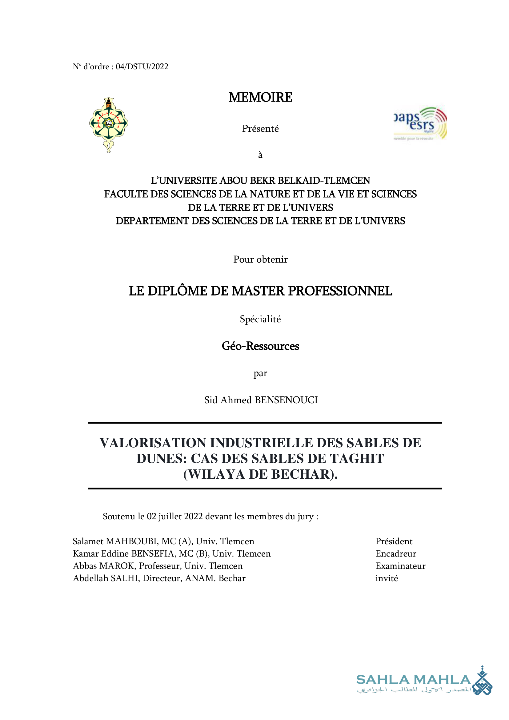 VALORISATION INDUSTRIELLE DES SABLES DE DUNES: CAS DES SABLES DE TAGHIT (WILAYA DE BECHAR).