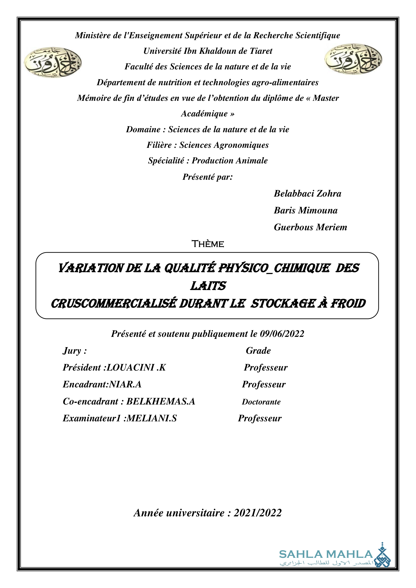 VARIATION DE LA QUALITÉ PHYSICO_CHIMIQUE DES LAITS CRUS COMMERCIALISÉ DURANT LE STOCKAGE À FROID