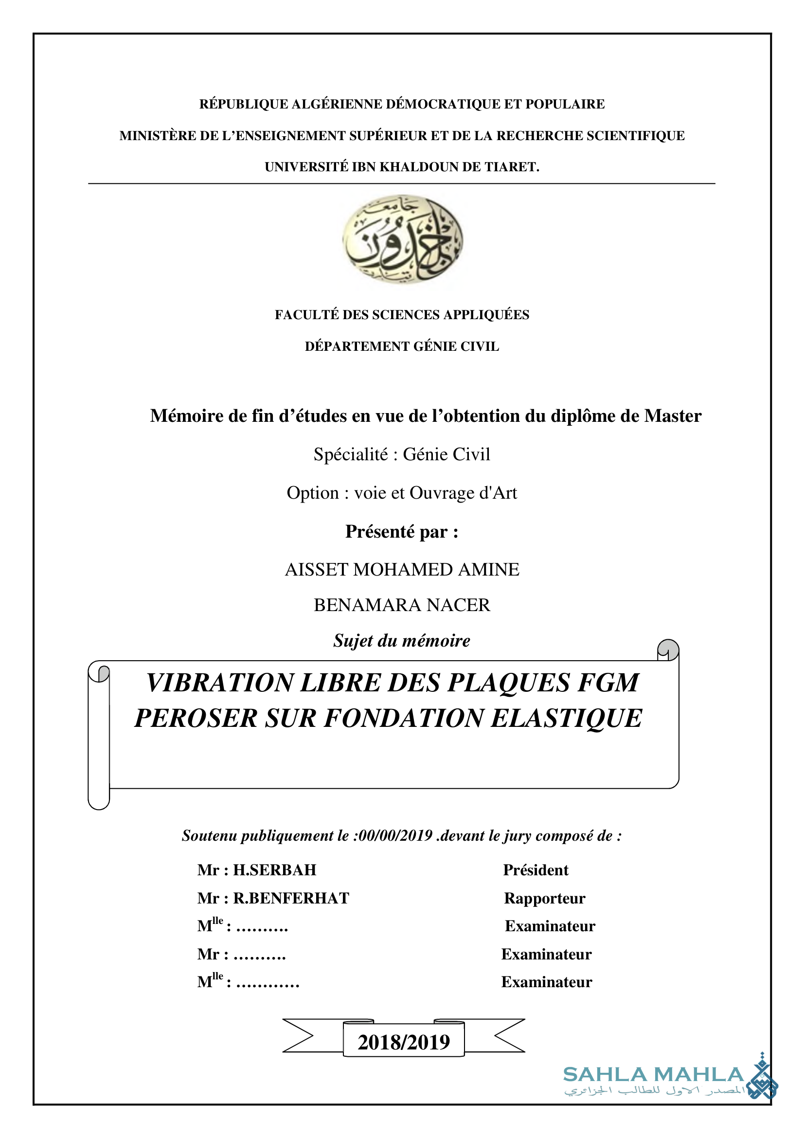 VIBRATION LIBRE DES PLAQUES FGM PEROSER SUR FONDATION ELASTIQUE
