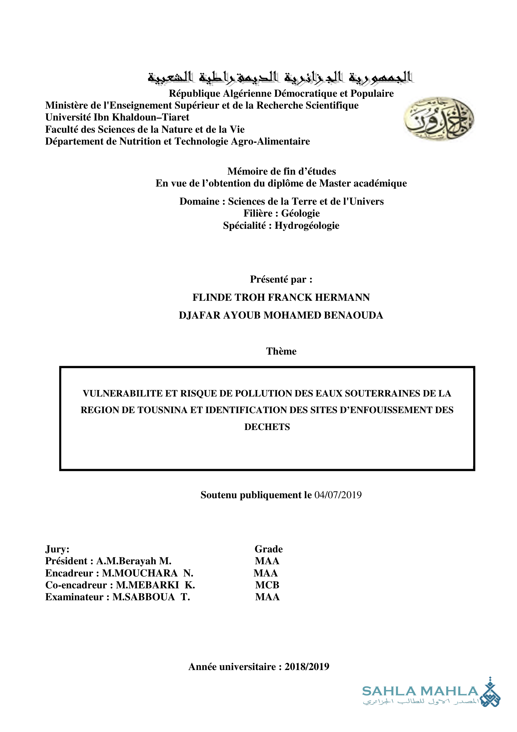VULNERABILITE ET RISQUE DE POLLUTION DES EAUX SOUTERRAINES DE LA REGION DE TOUSNINA ET IDENTIFICATION DES SITES D'ENFOUISSEMENT DES DECHETS