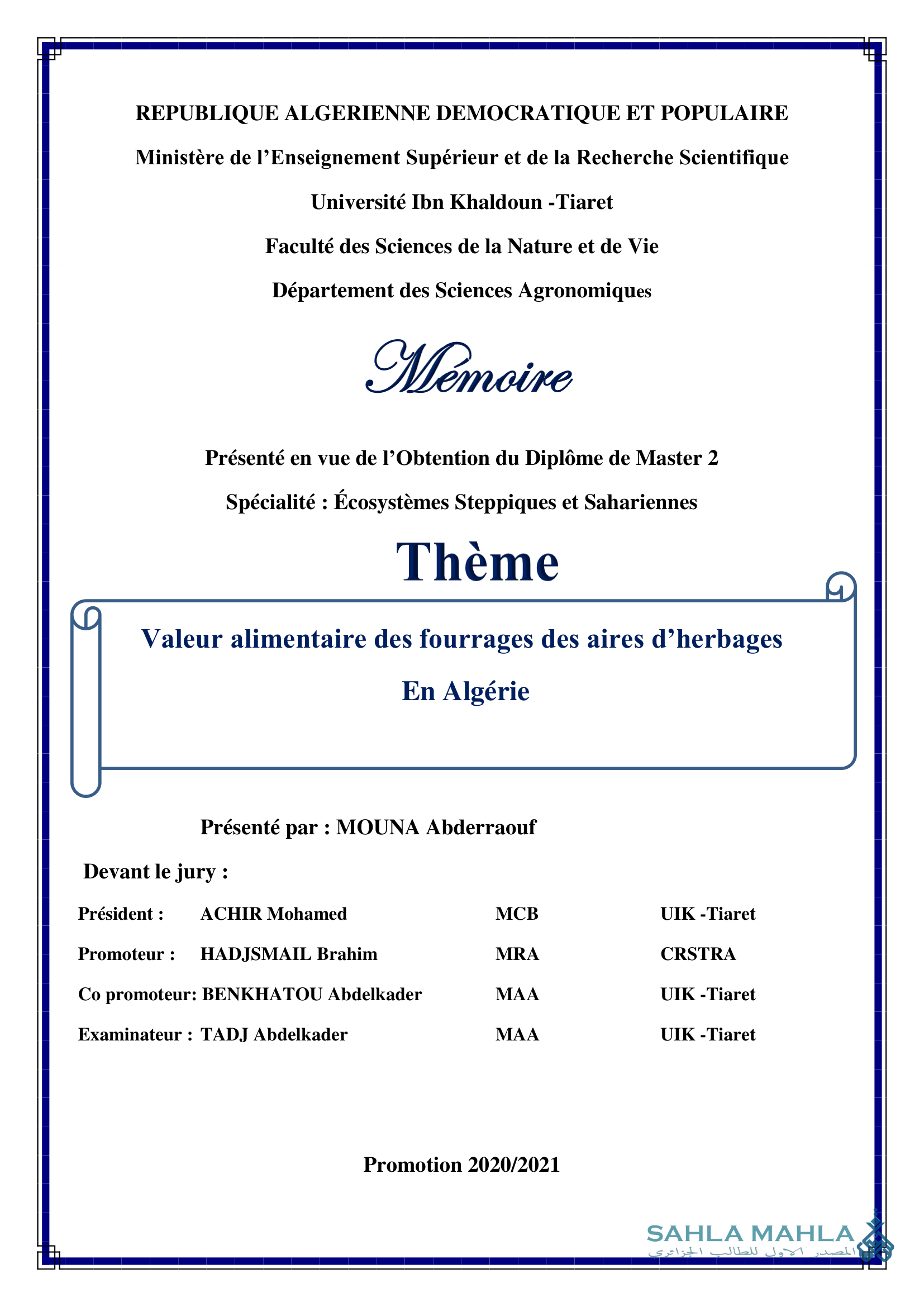 Valeur alimentaire des fourrages des aires d'herbages En Algérie