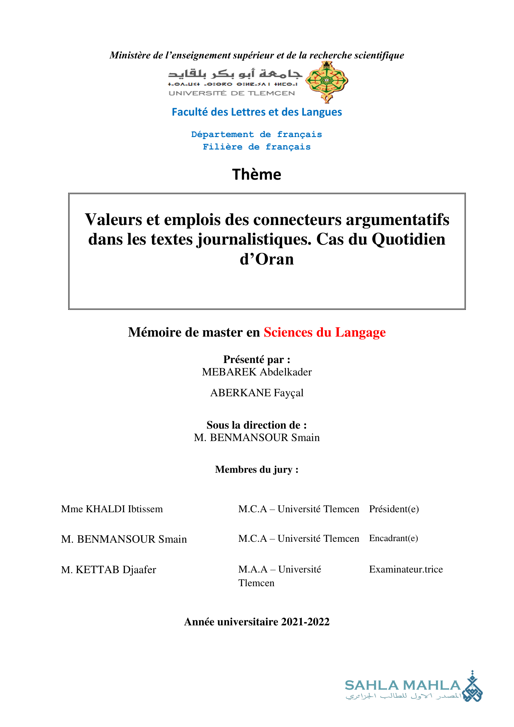 Valeurs et emplois des connecteurs argumentatifs dans les textes journalistiques. Cas du Quotidien d'Oran
