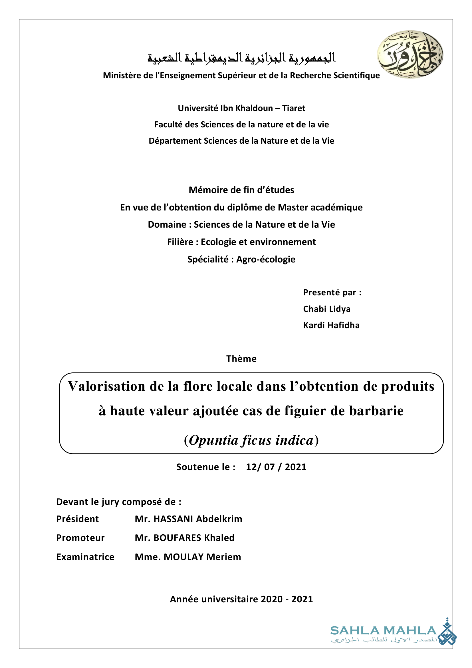 Valorisation de la flore locale dans l'obtention de produits à haute valeur ajoutée cas de figuier de barbarie (Opuntia ficus indica)