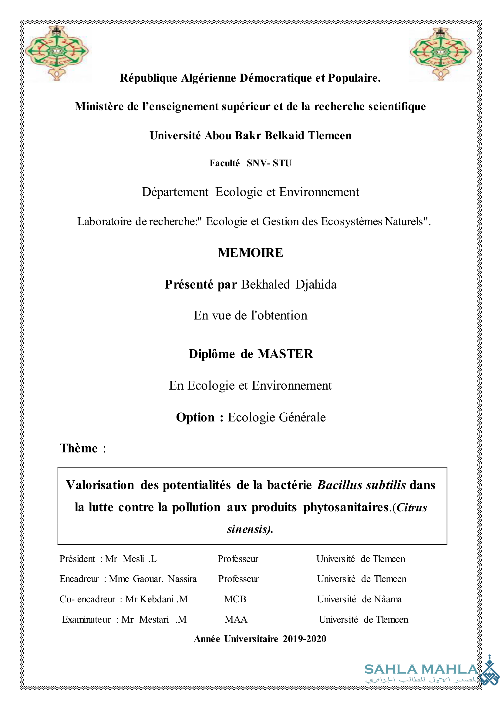 Valorisation des potentialités de la bactérie Bacillus subtilis dans la lutte contre la pollution aux produits phytosanitaires.(Citrus sinensis).