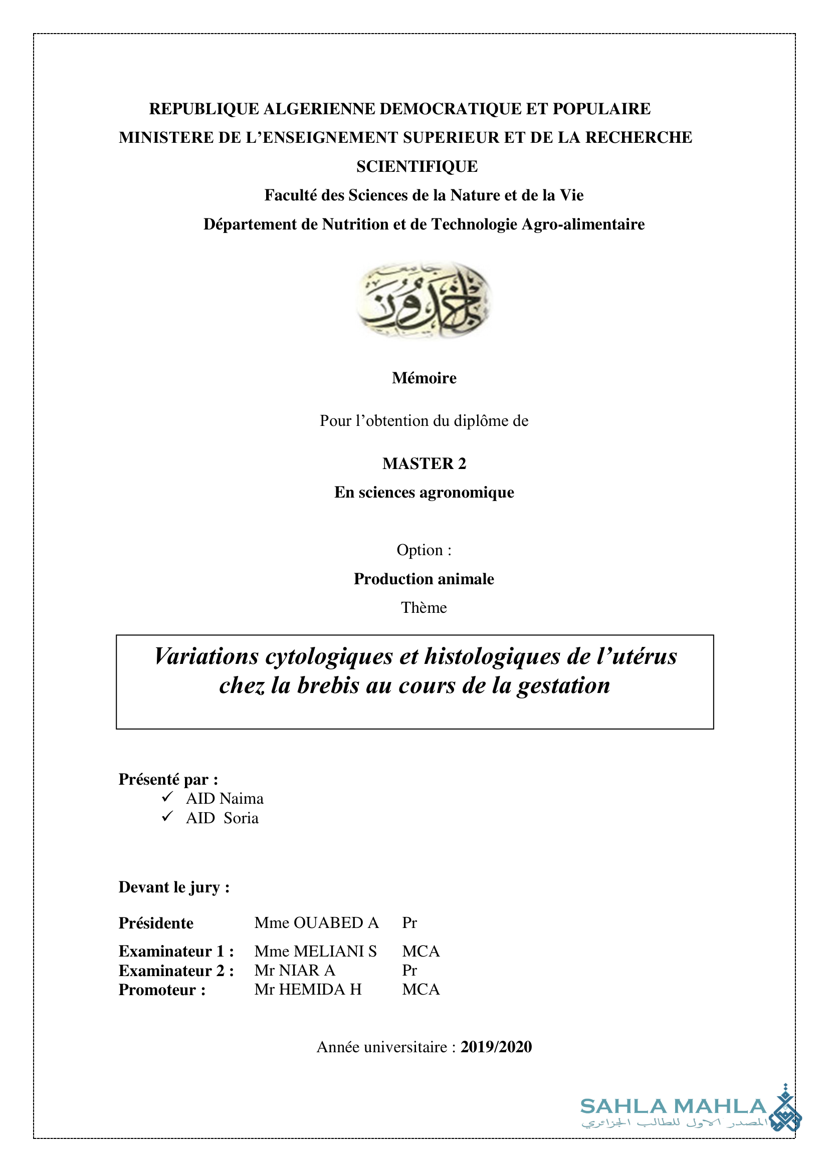 Variations cytologiques et histologiques de l'utérus chez la brebis au cours de la gestation
