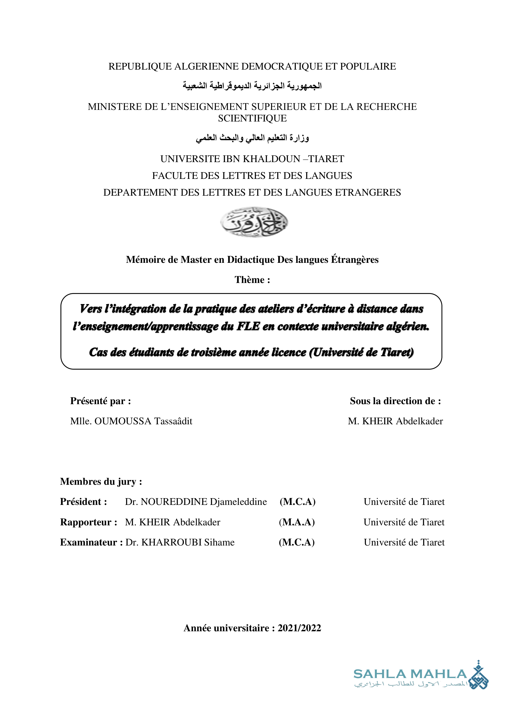 Vers l'intégration de la pratique des ateliers d'écriture à distance dans l'enseignement/apprentissage du FLE en contexte universitaire algérien. Cas des étudiants de troisième année licence (Université de Tiaret)