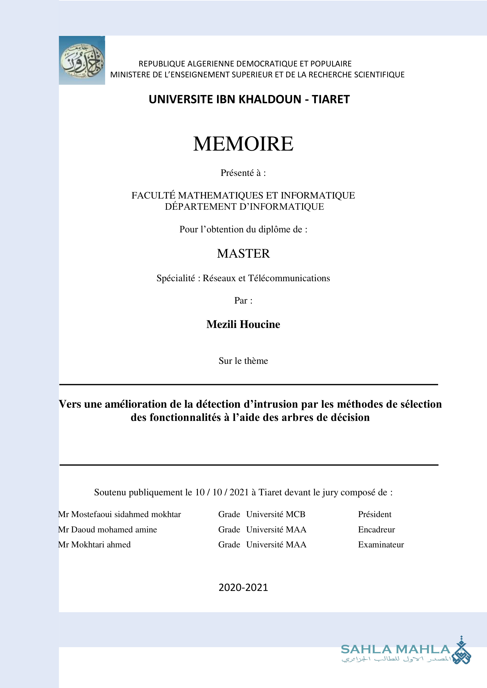 Vers une amélioration de la détection d'intrusion par les méthodes de sélection des fonctionnalités à l'aide des arbres de décision