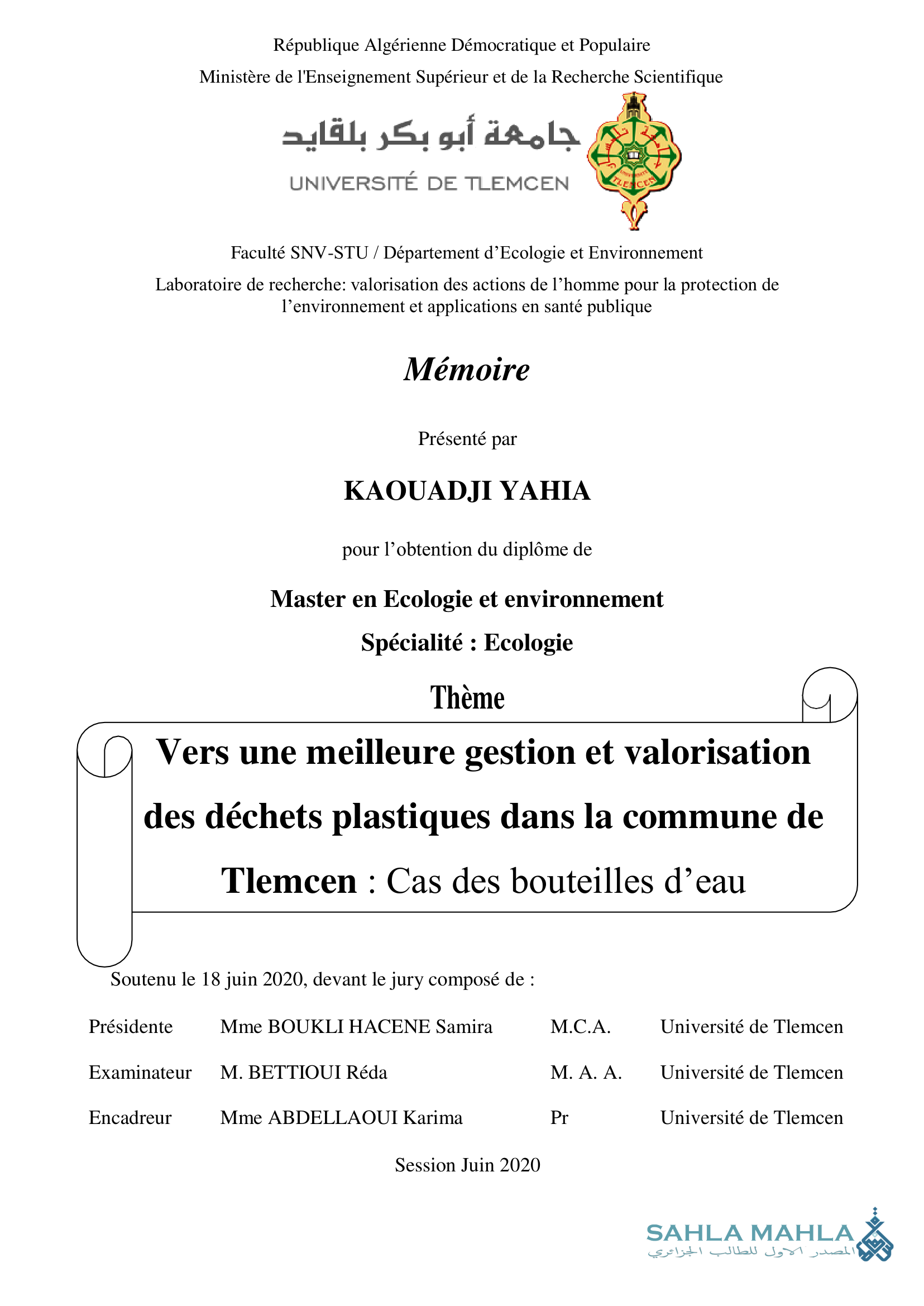 Vers une meilleure gestion et valorisation des déchets plastiques dans la commune de Tlemcen Cas des bouteilles d'eau