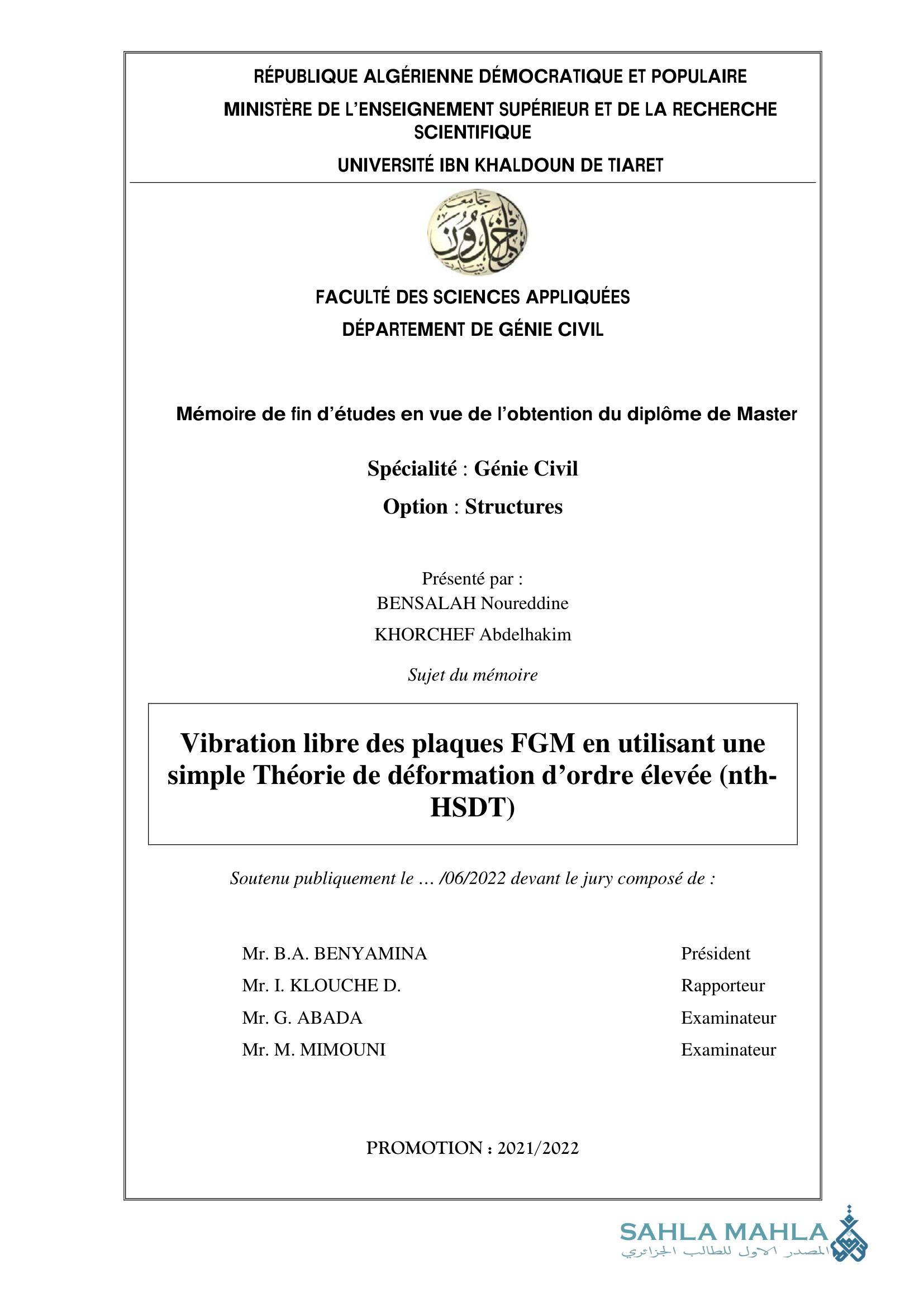 Vibration libre des plaques FGM en utilisant une simple Théorie de déformation d'ordre élevée (nth-HSDT)
