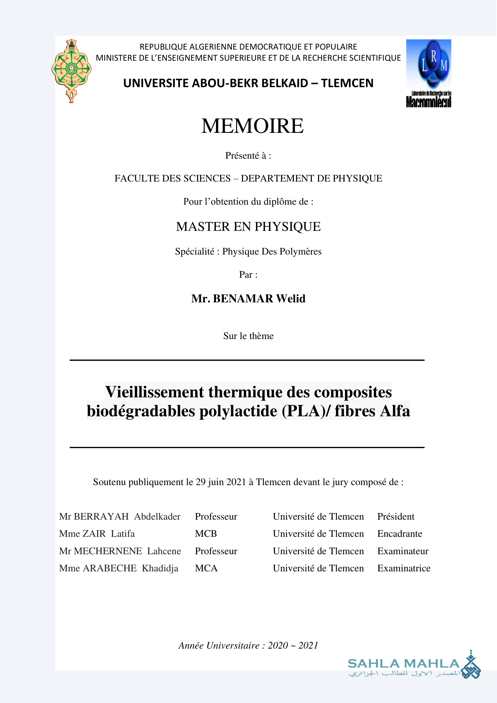 Vieillissement thermique des composites biodégradables polylactide (PLA)/ fibres Alfa