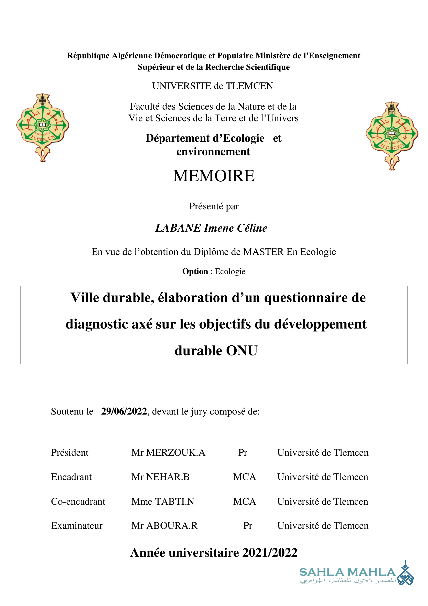 Ville durable, élaboration d'un questionnaire de diagnostic axé sur les objectifs du développement durable ONU
