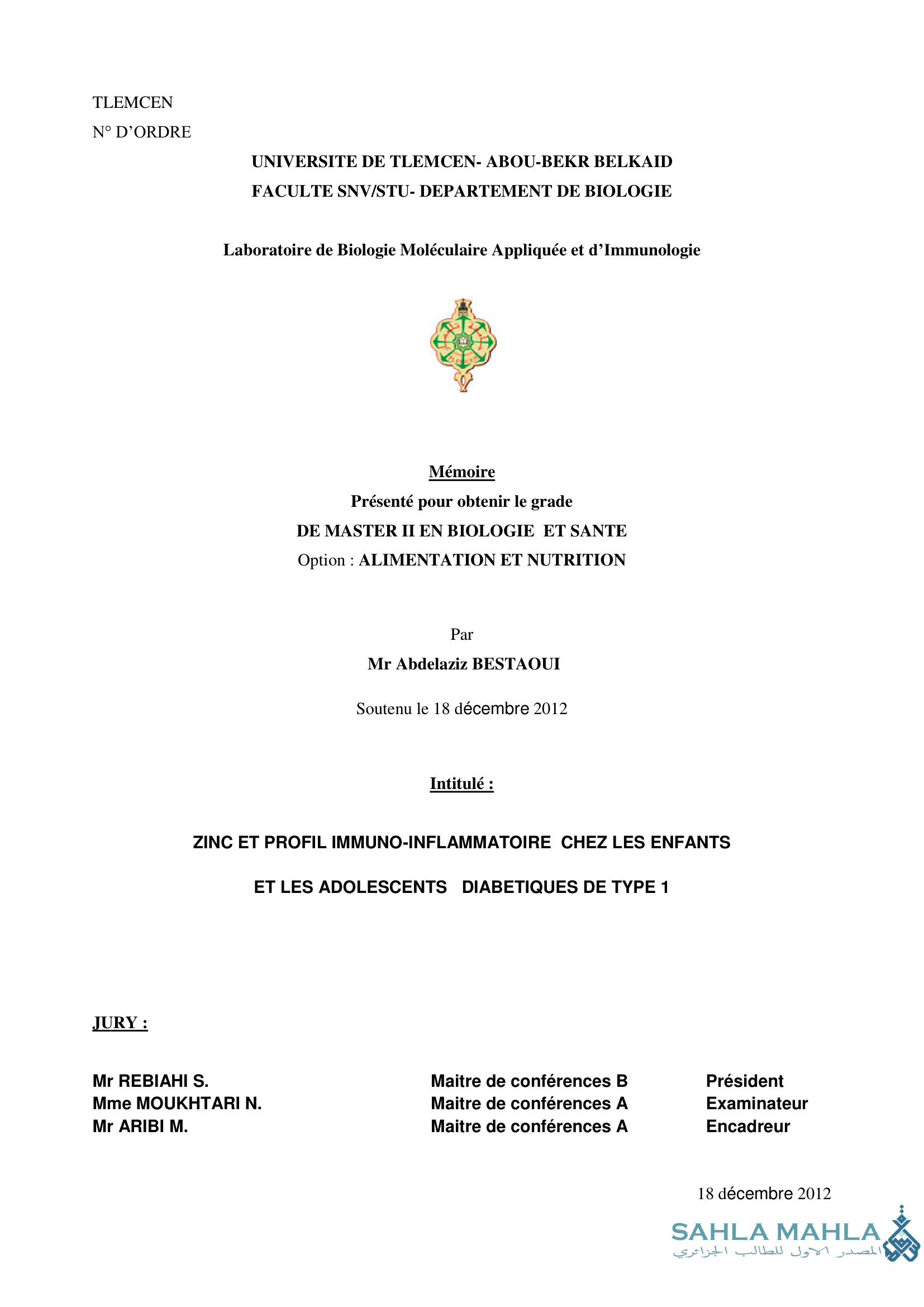 ZINC ET PROFIL IMMUNO-INFLAMMATOIRE CHEZ LES ENFANTS ET LES ADOLESCENTS DIABETIQUES DE TYPE 1