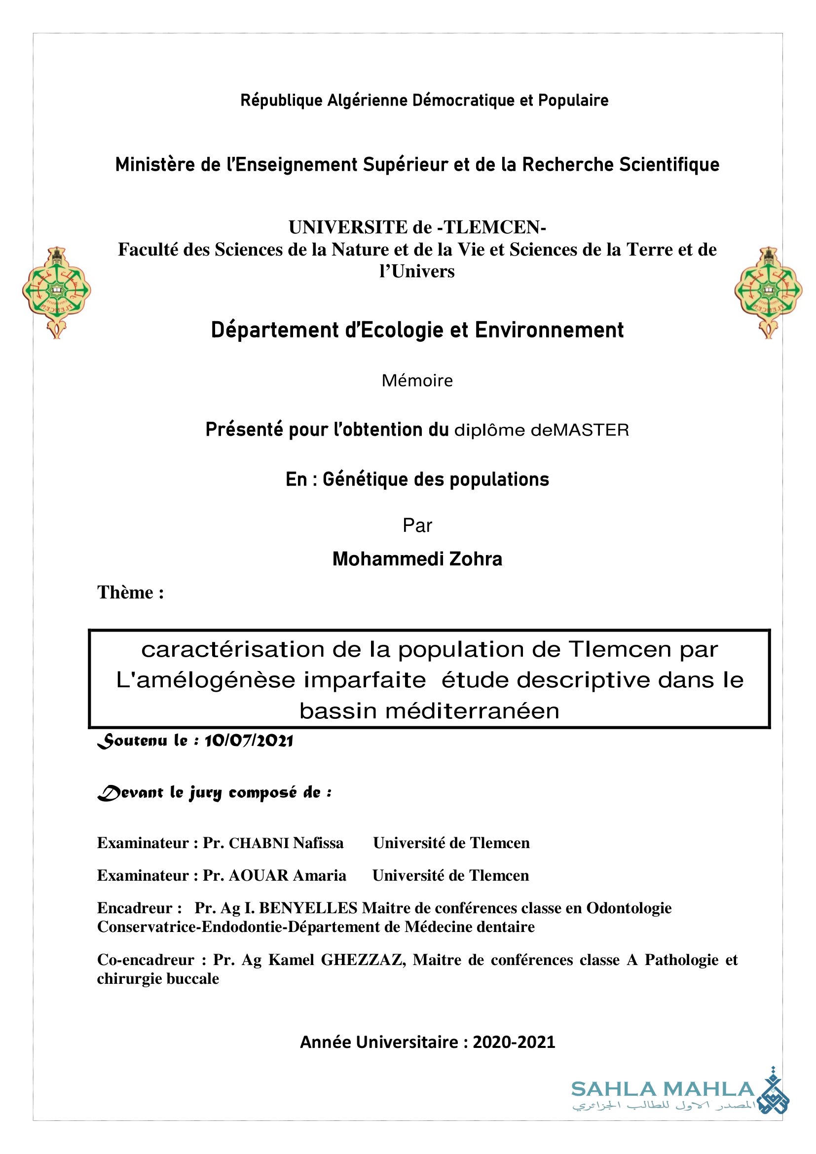 caractérisation de la population de Tlemcen par L'amélogénèse imparfaite étude descriptive dans le bassin méditerranéen