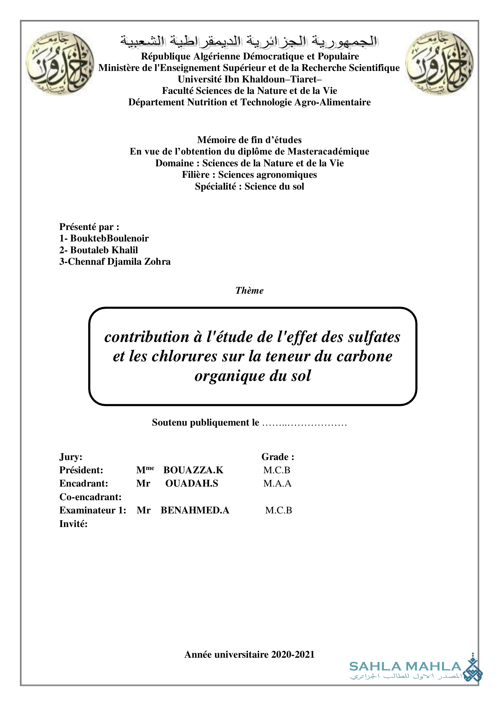 contribution à l'étude de l'effet des sulfates et les chlorures sur la teneur du carbone organique du sol