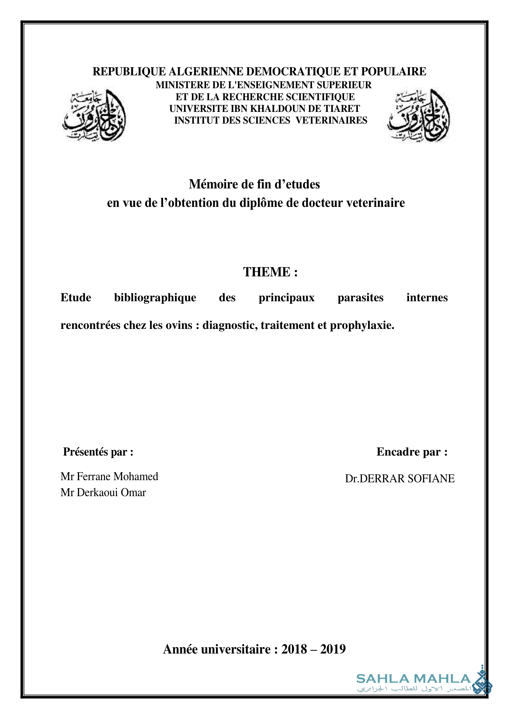 Etude bibliographique des principaux parasites internes rencontrées chez les ovins : diagnostic, traitement et prophylaxie.