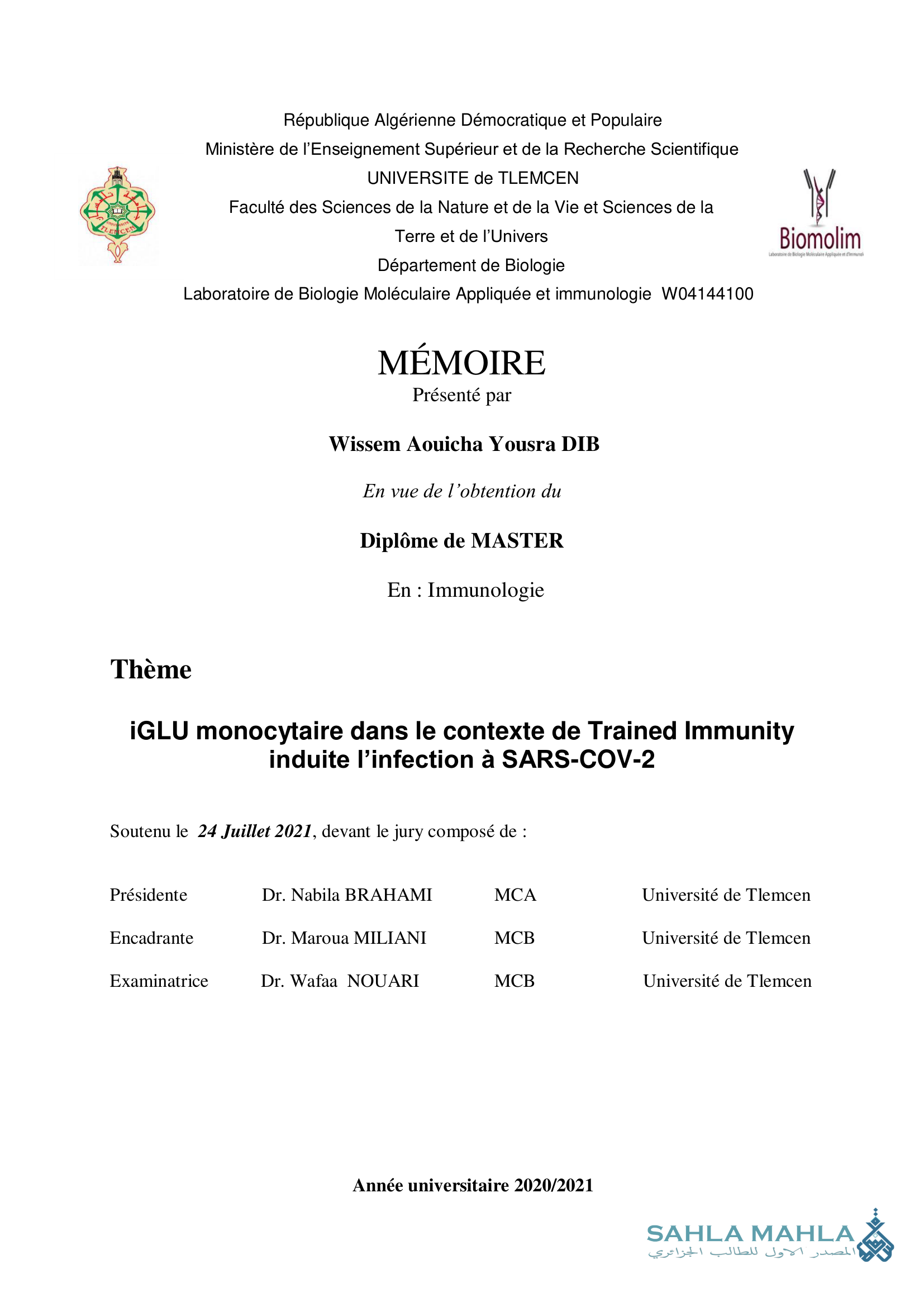 iGLU monocytaire dans le contexte de Trained Immunity induite l'infection à SARS-COV-2