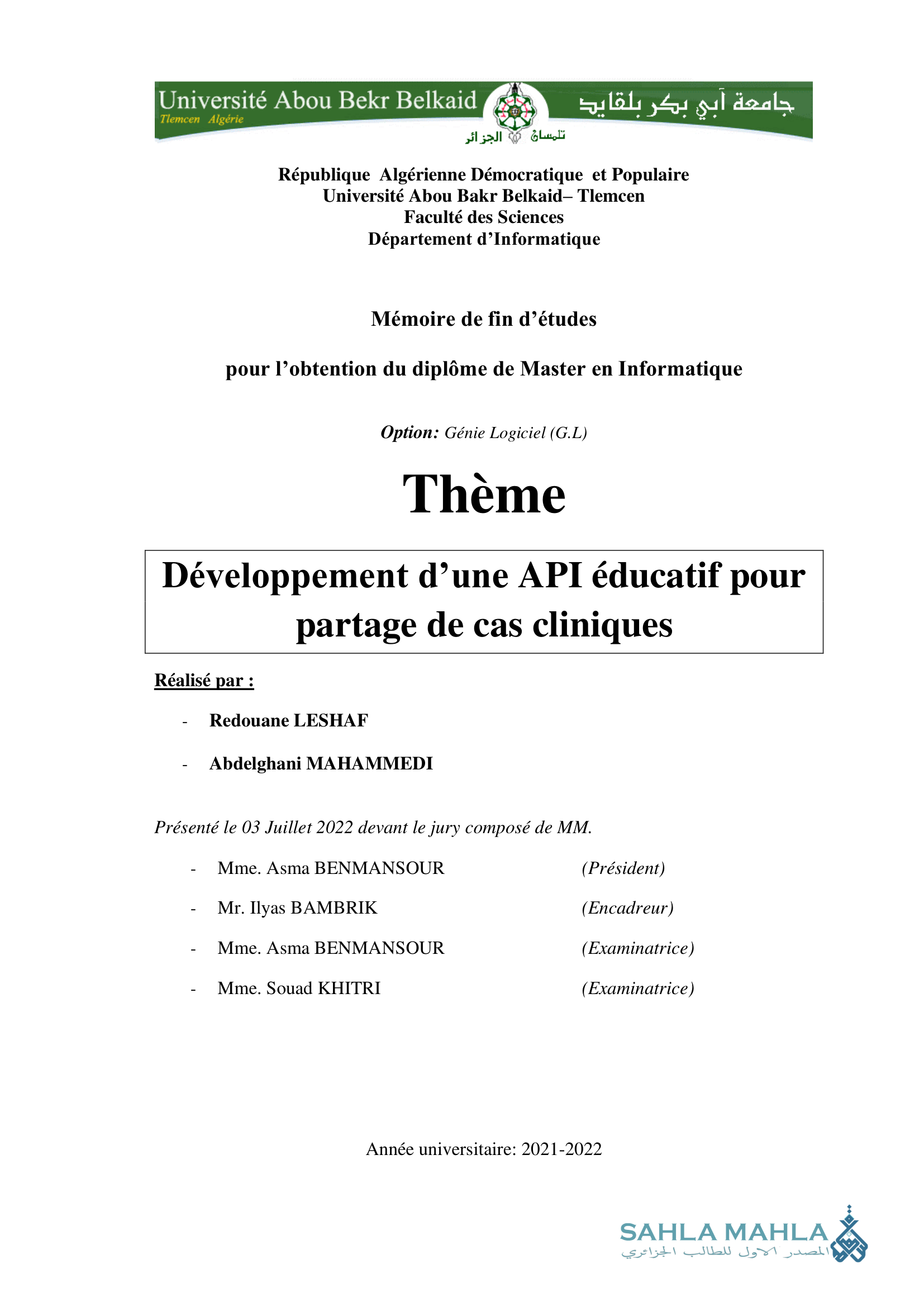 Développement d'une API éducatif pour partage de cas cliniques
