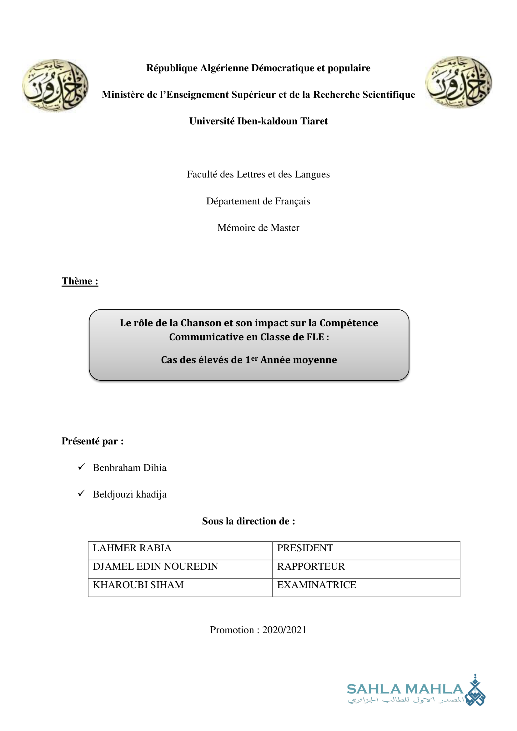 Le rôle de la Chanson et son impact sur la Compétence Communicative en Classe de FLE : Cas des élevés de 1er Année moyenne