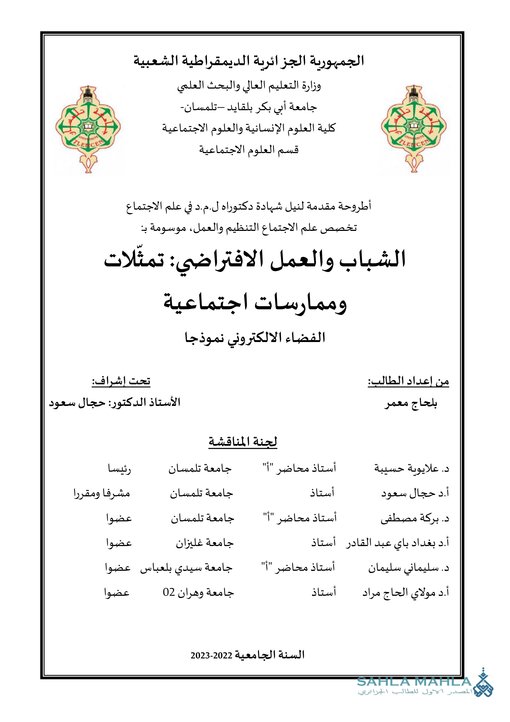 الشباب والعمل الافتراضي: تمثلات وممارسات اجتماعية الفضاء الالكتروني نموذجا