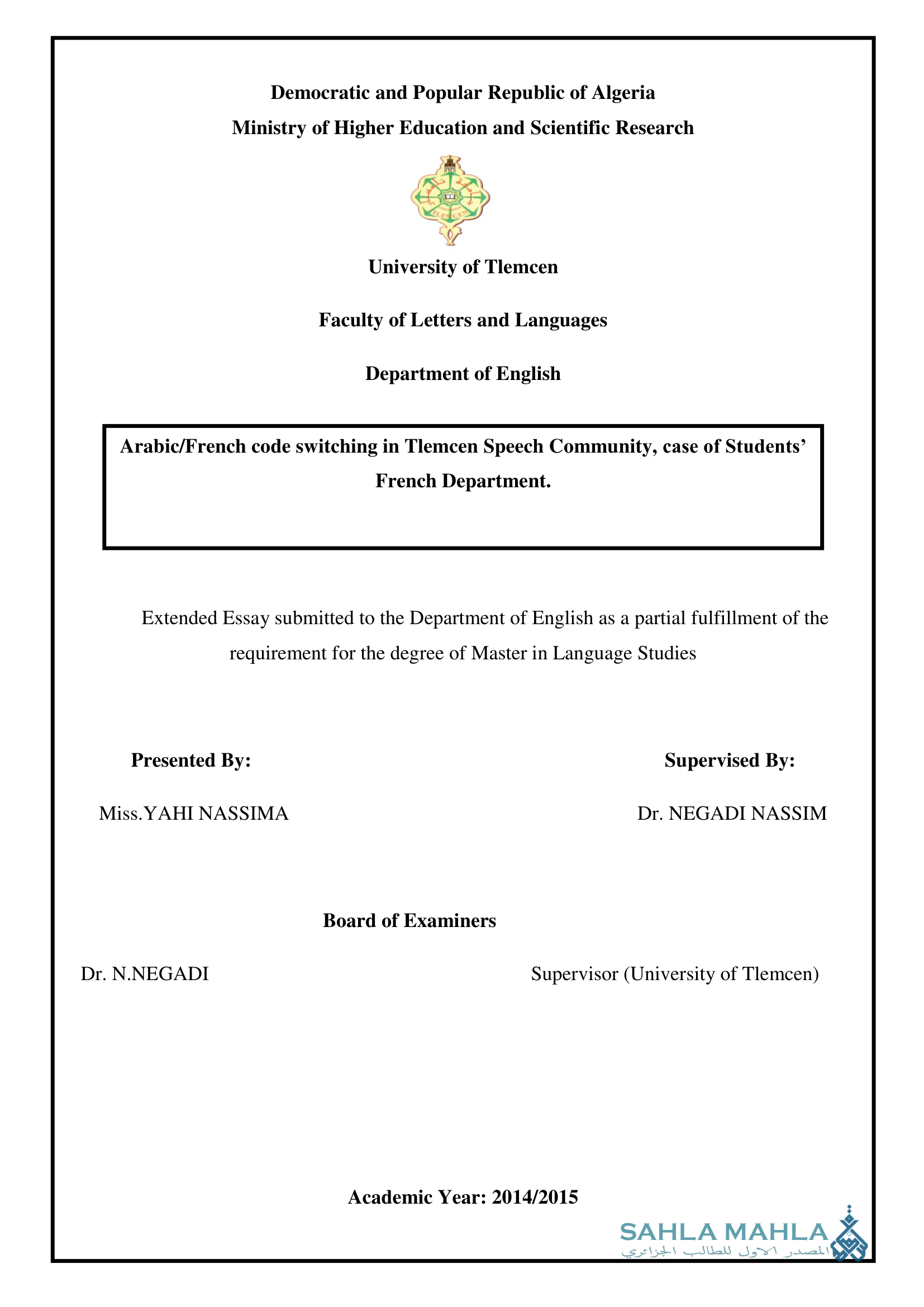 Arabic/French code switching in Tlemcen Speech Community, case of Students' French Department