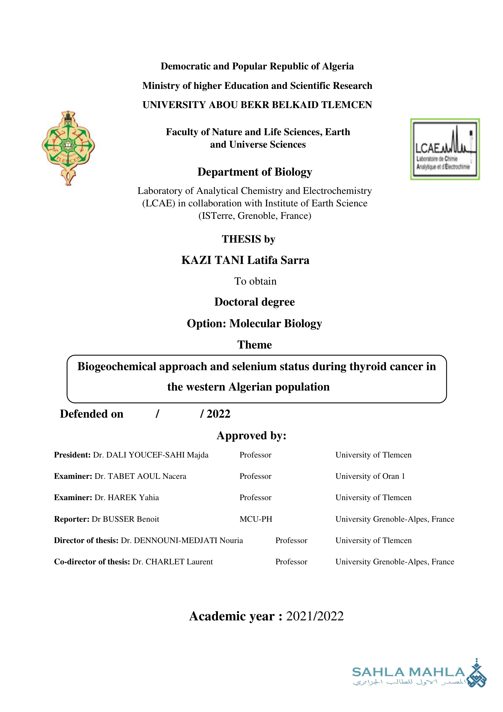 Biogeochemical approach and selenium status during thyroid cancer in the western Algerian population
