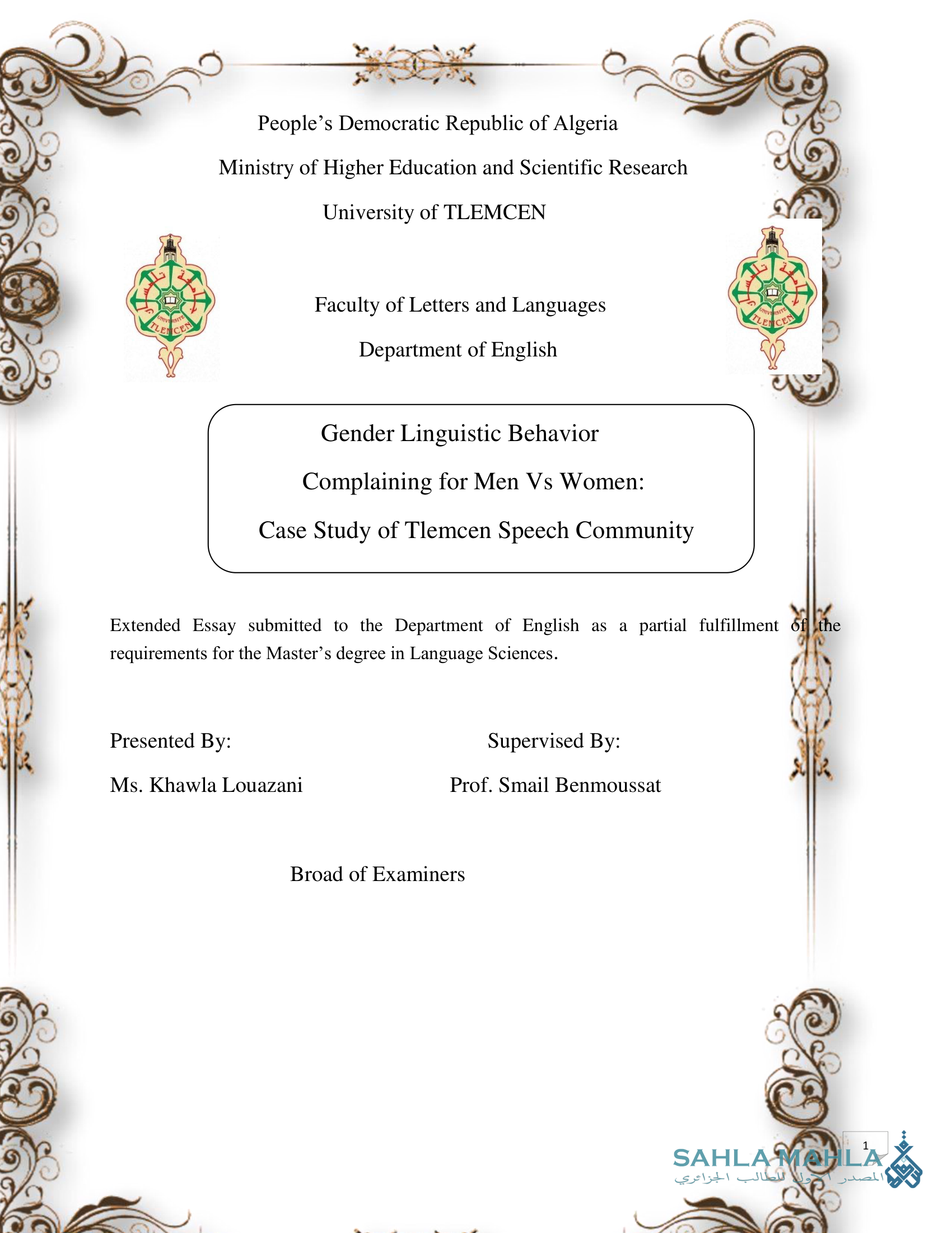 Gender Linguistic Behavior: Complaining for Men Vs Women: Case Study of Tlemcen Speech Community