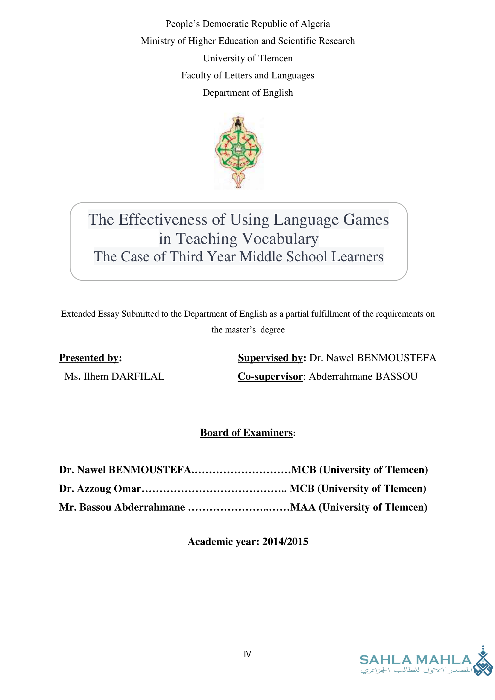 The Effectiveness of Using Language Games in Teaching Vocabulary: The Case of Third Year Middle School Learners