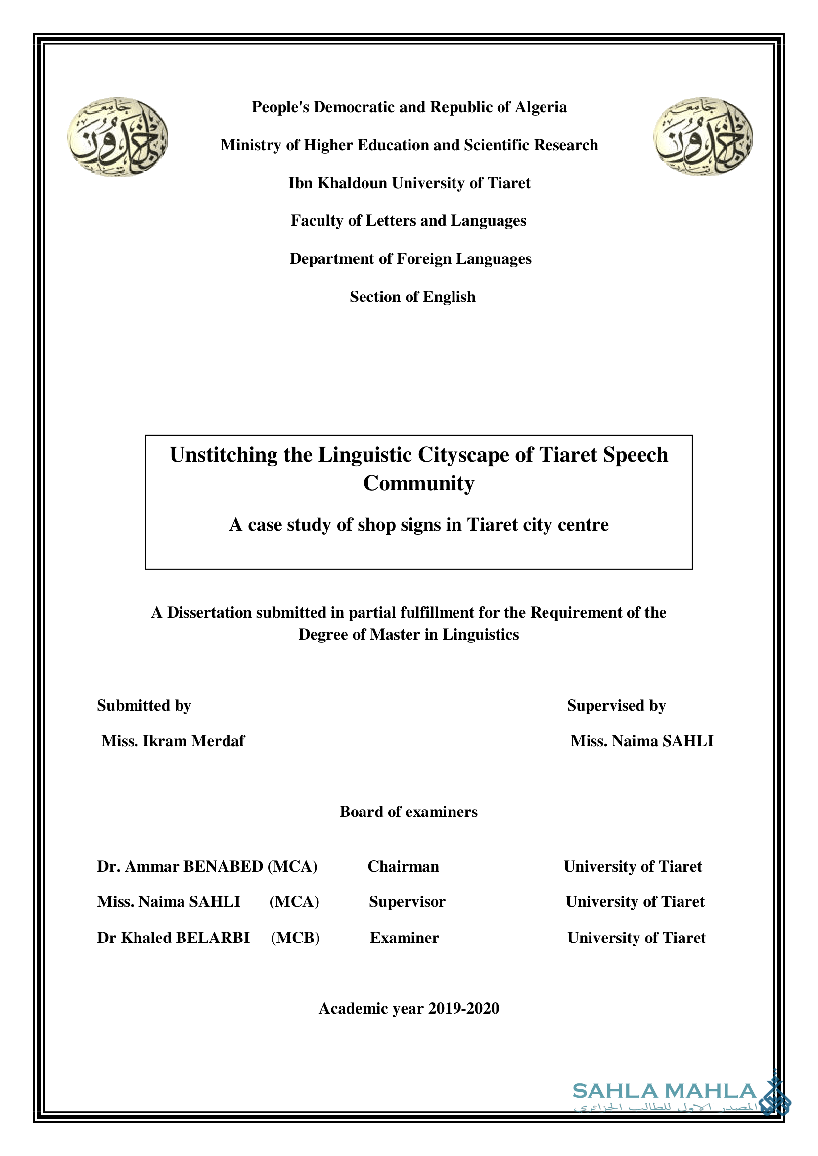 Unstitching the Linguistic Cityscape of Tiaret Speech Community A case study of shop signs in Tiaret city centre