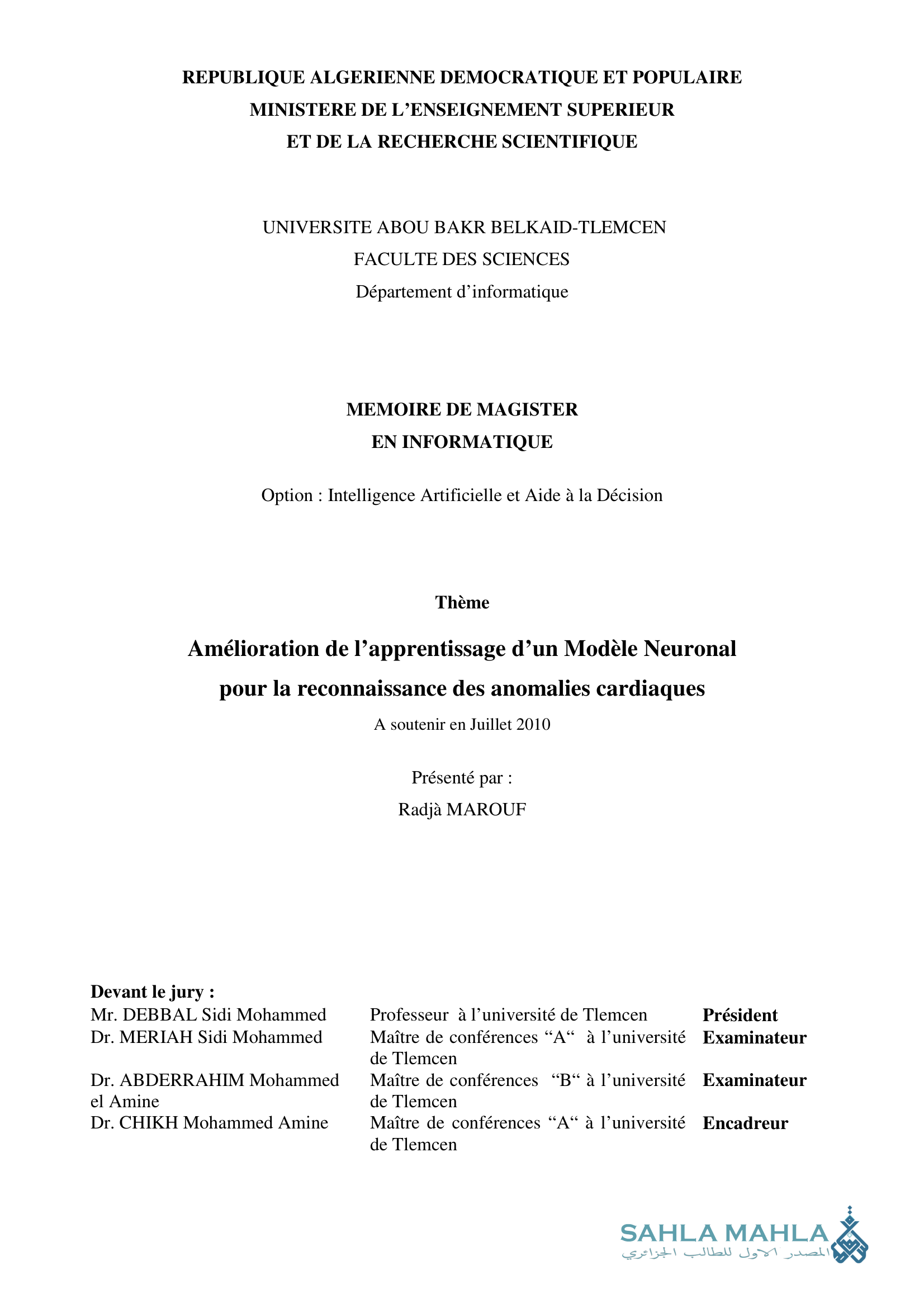 Amélioration de l'apprentissage d'un Modèle Neuronal pour la reconnaissance des anomalies cardiaques
