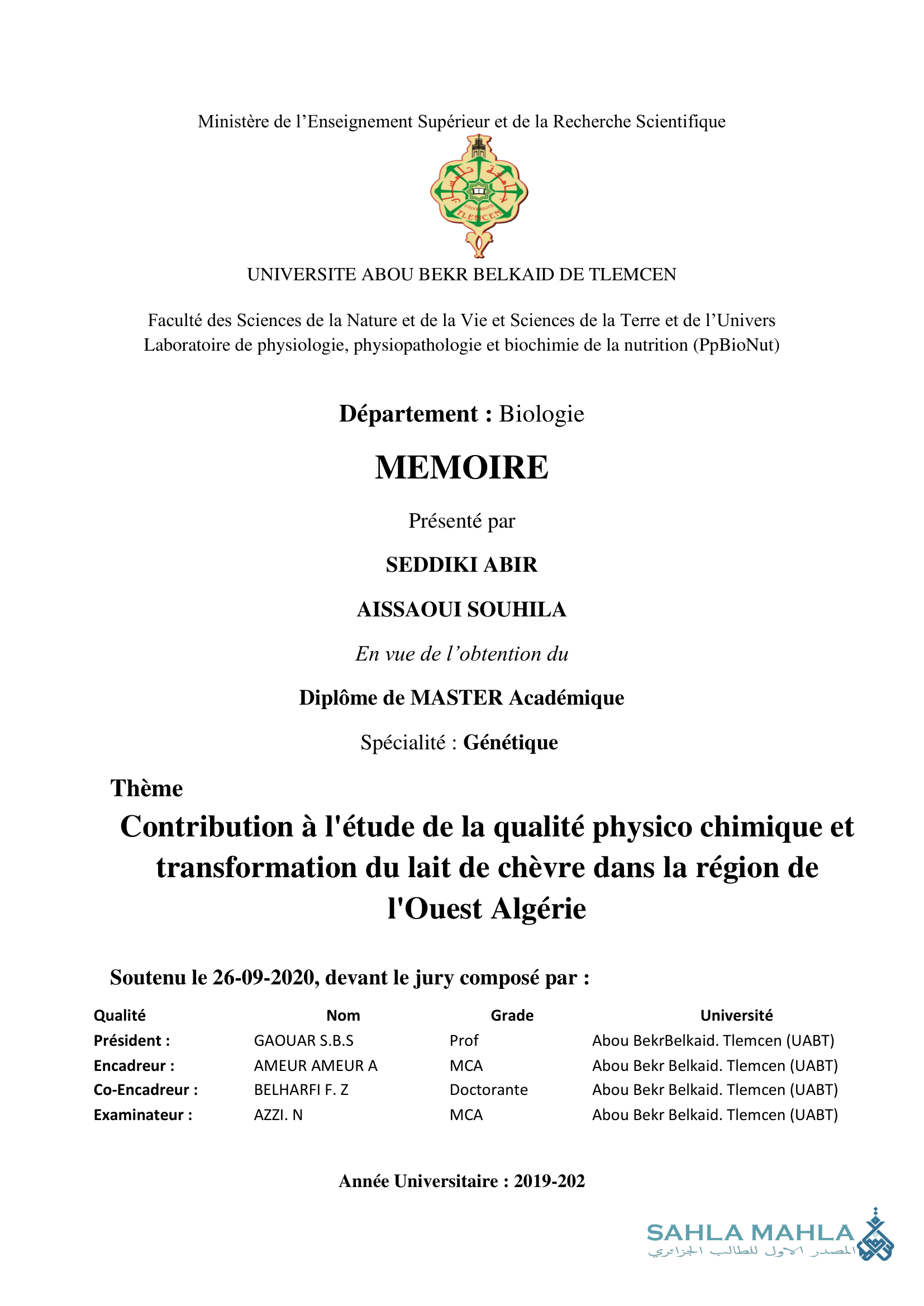 Contribution à l'étude de la qualité physico chimique et transformation du lait de chèvre dans la région de l'Ouest Algérie
