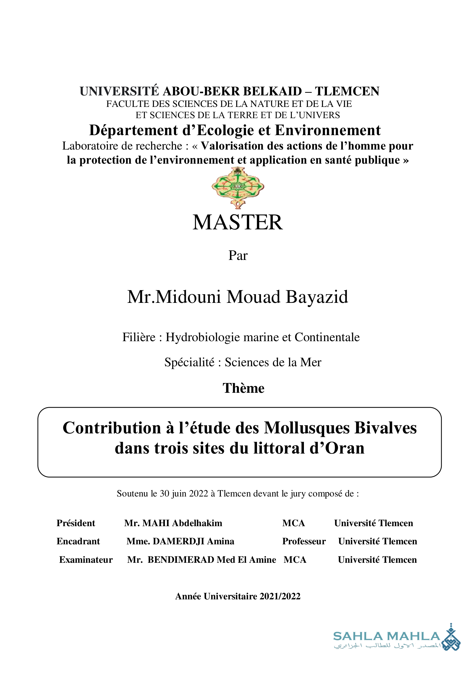 Contribution à l'étude des Mollusques Bivalves dans trois sites du littoral d'Oran