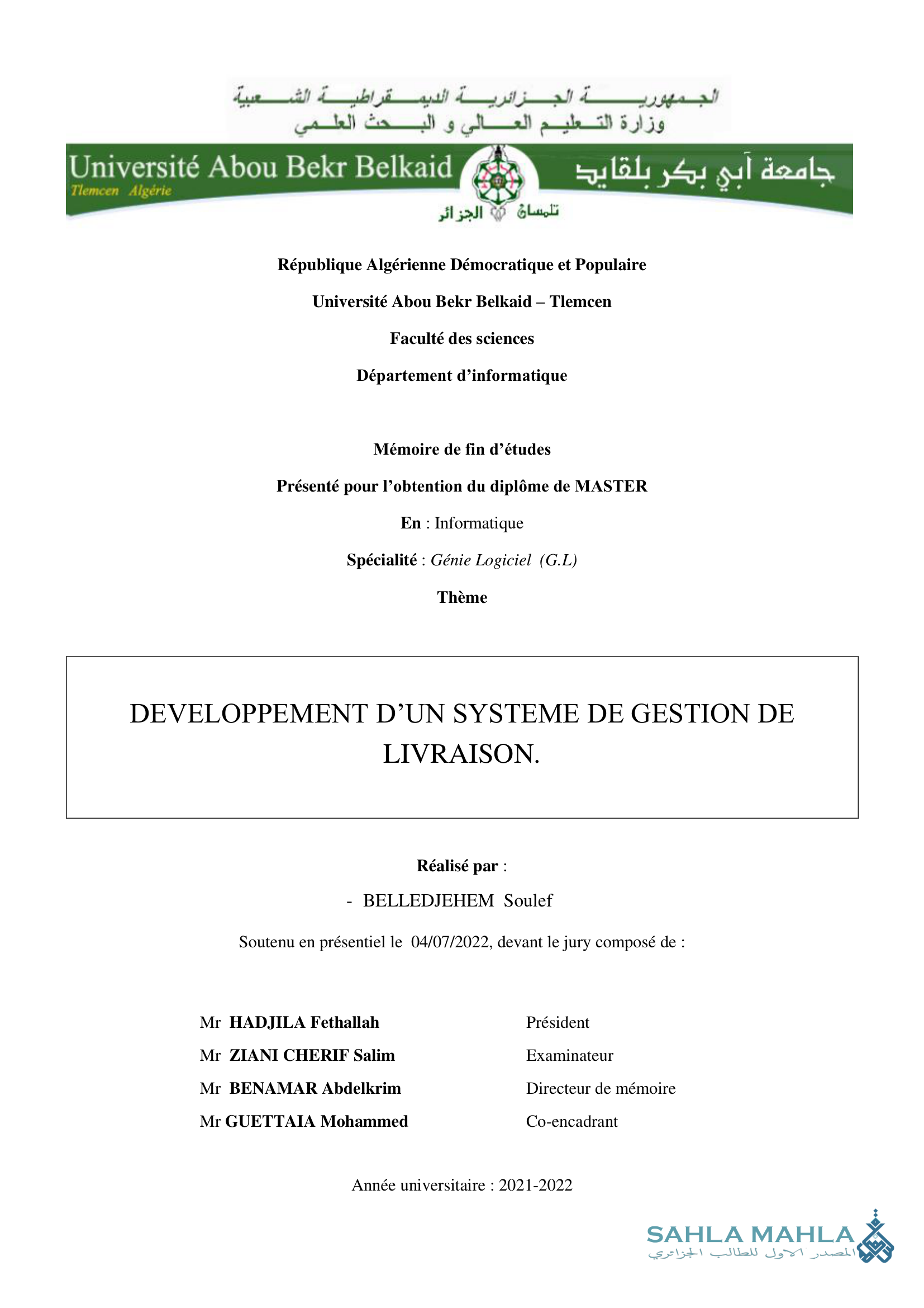 DEVELOPPEMENT D'UN SYSTEME DE GESTION DE LIVRAISON.