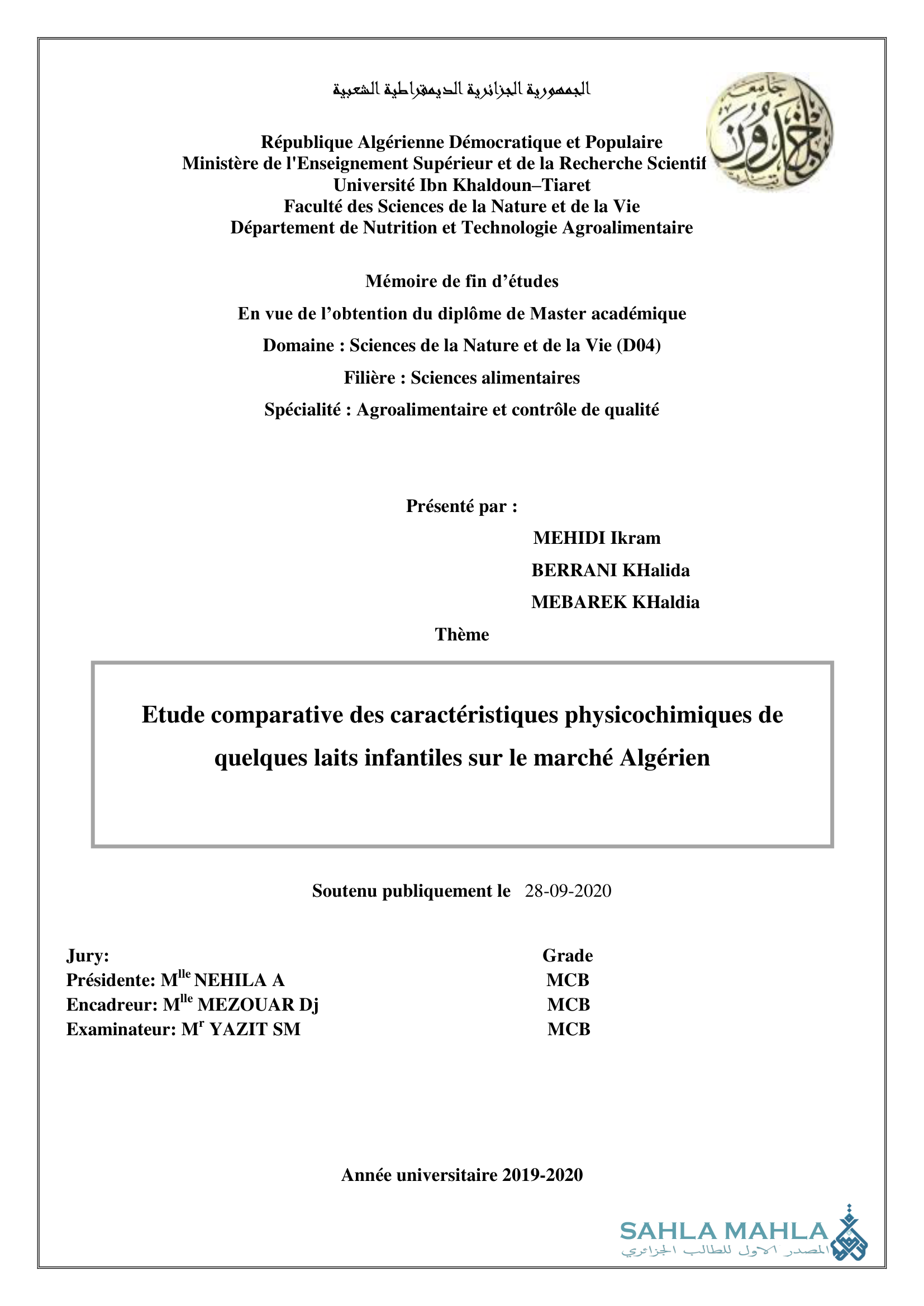 Etude comparative des caractéristiques physicochimiques de quelques laits infantiles sur le marché Algérien