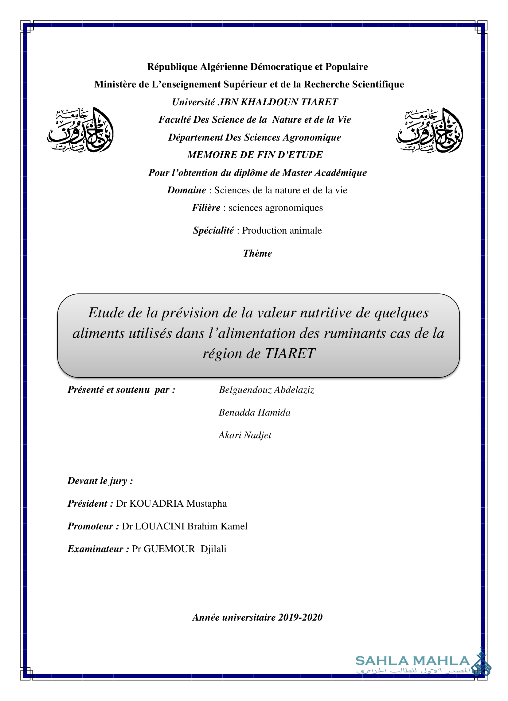 Etude de la prévision de la valeur nutritive de quelques aliments utilisés dans l'alimentation des ruminants cas de la région de TIARET