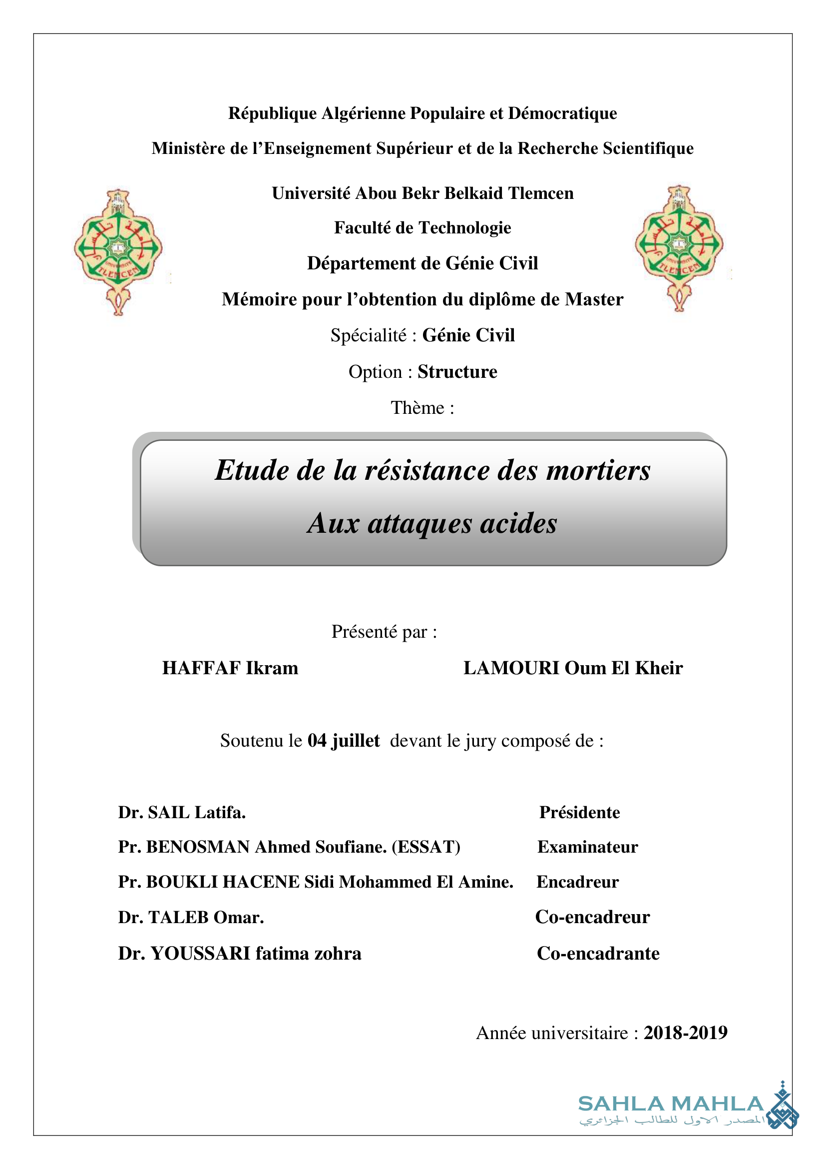 Etude de la résistance des mortiers aux attaques acides